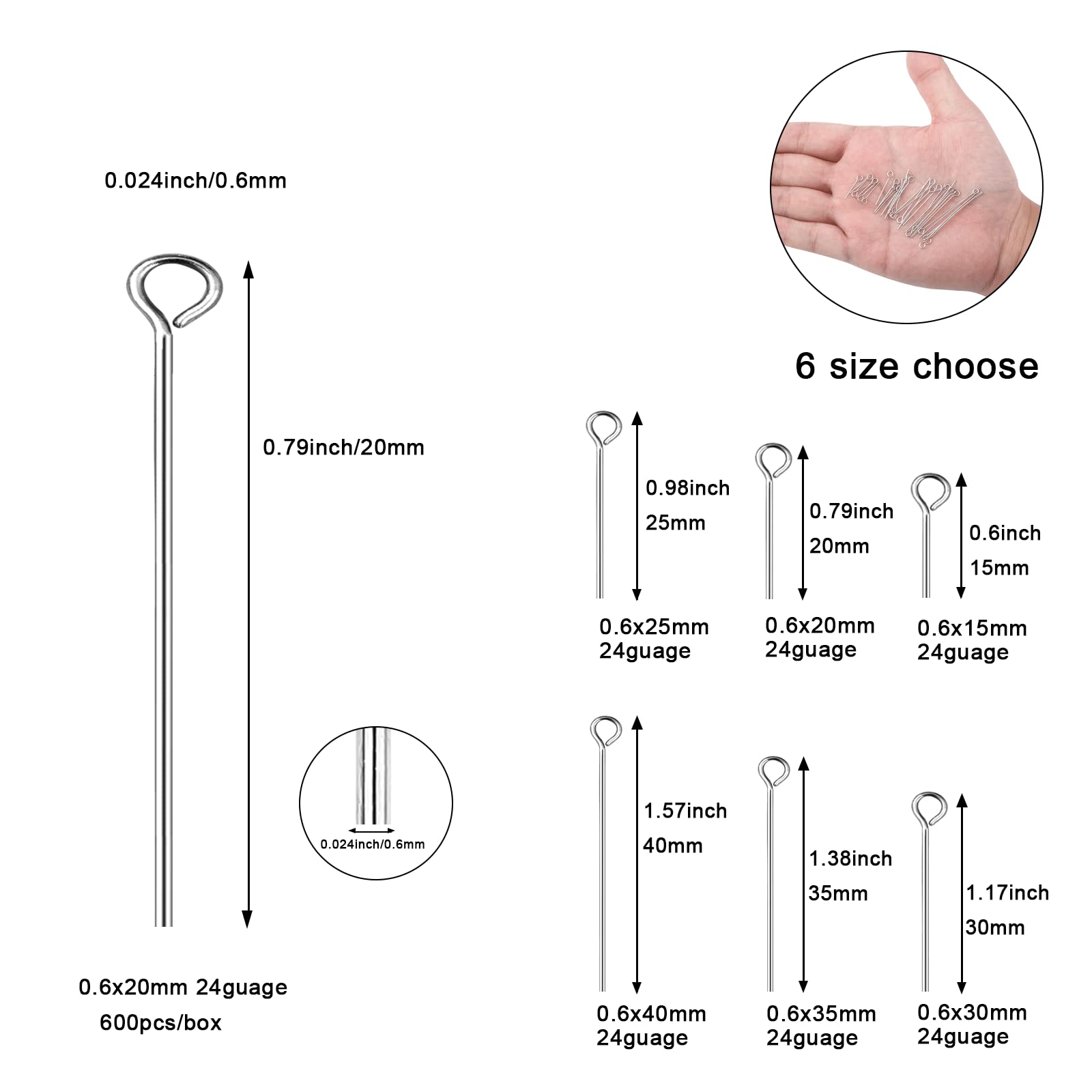304 Stainless Steel Jewelry Eye Pins 600pcs - 24 Gauge 0.6x20mm Silver Head Open Eye Pins for DIY Earrings, Necklaces, Bracelets - Perfect for Beading, Dangle Charms & Jewelry Making Crafts