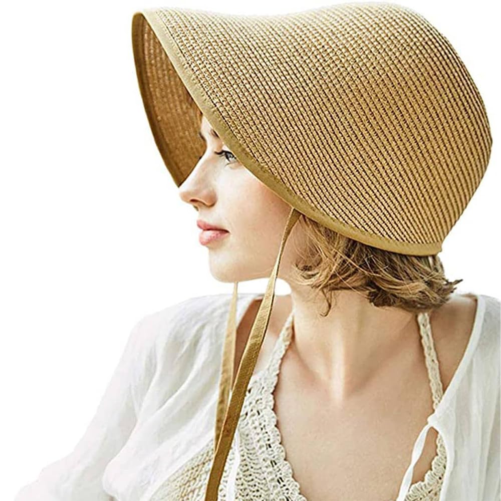 Victorian Style French Straw Bonnet Sun Hat for Women - Adjustable Chin Strap, Foldable Summer Bucket Hat - Perfect for Beach, Garden, and Outdoor Activities