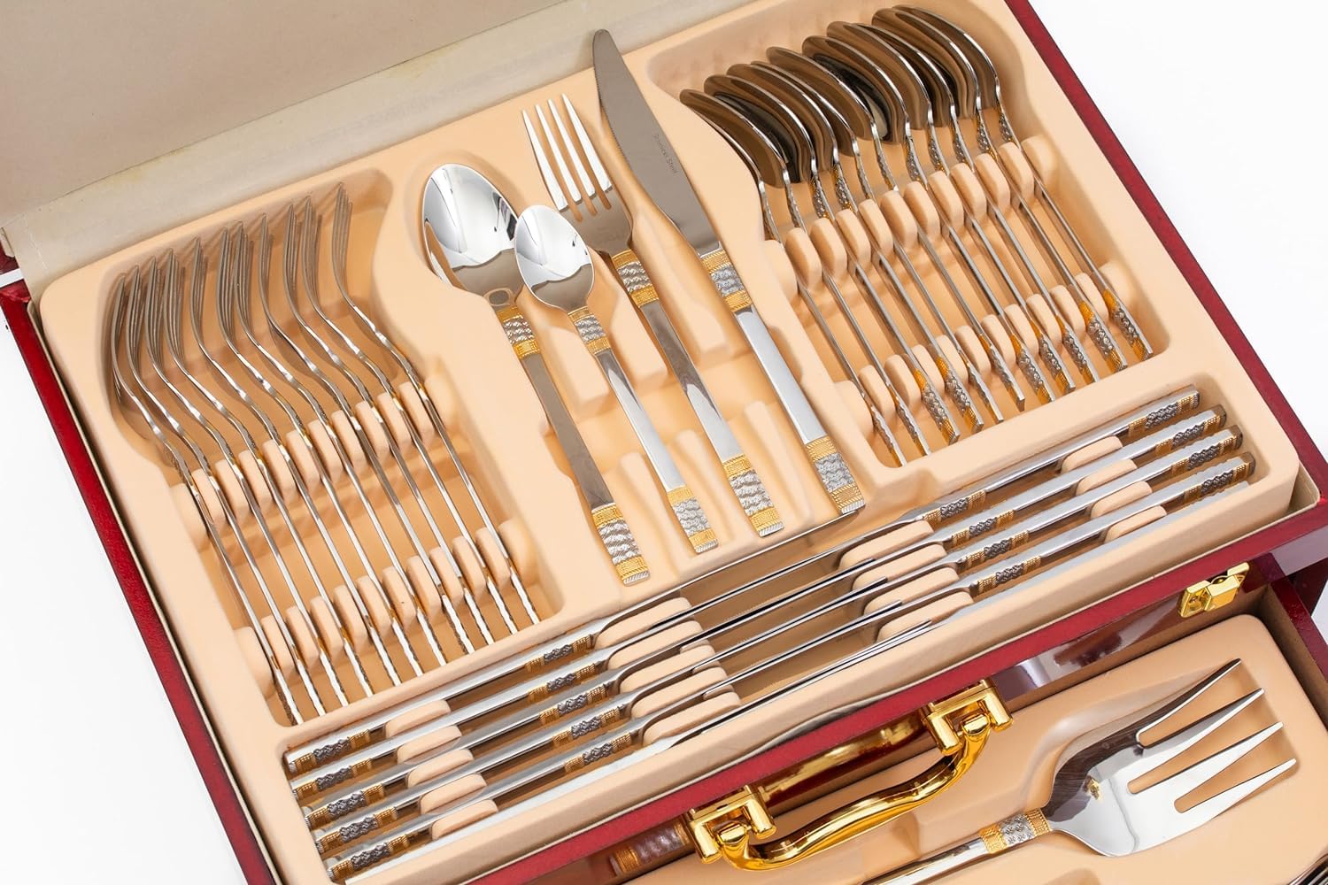 Luxor 75-Piece Flatware Set - Premium 18/10 Stainless Steel Silverware with 24K Gold Accents - 12-Person Dining Set with Wooden Storage Case - Elegant Tableware for Formal Dinners, Weddings & Holiday Entertaining