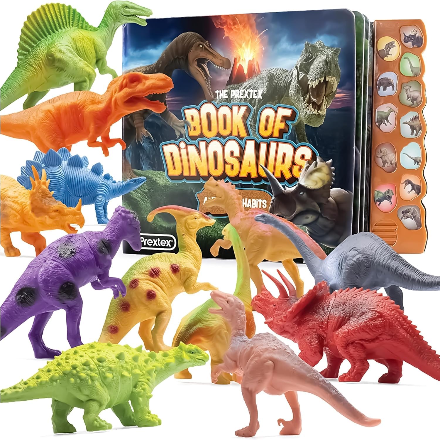 PREXTEX Realistic Dinosaur Toys for Kids Ages 3-5 - 12 Pack Dinosaur Figures with Sound Book - Educational Dino Playset for Boys & Girls - Perfect for Birthday Gifts, Classroom Learning & Pretend Play