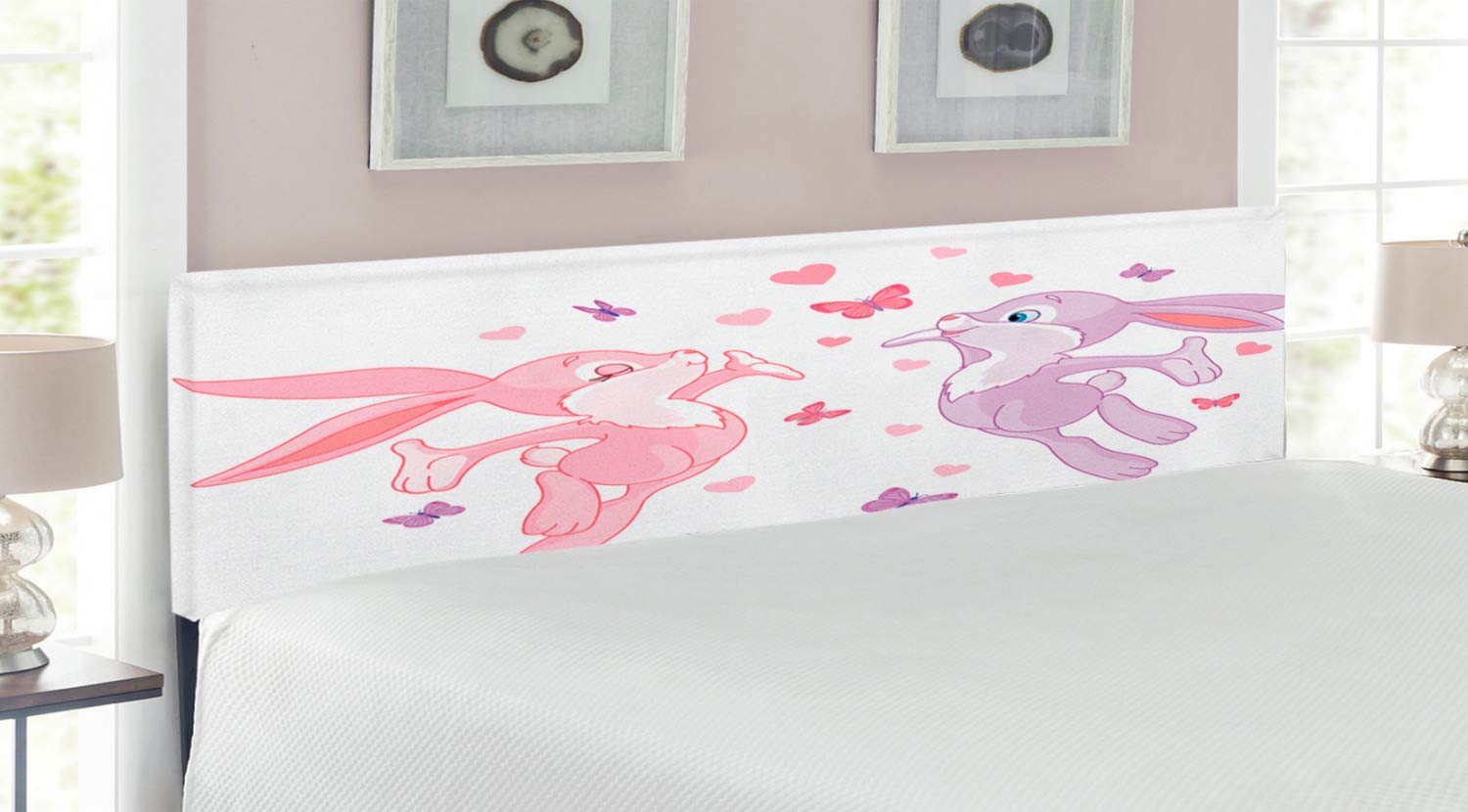 Ambesonne King Size Upholstered Metal Headboard with Memory Foam - Butterfly & Valentine Bunnies Design in Pink Purple | Romantic Bedroom Decor for Couples, Master Bedroom Upgrade, Home Decoration