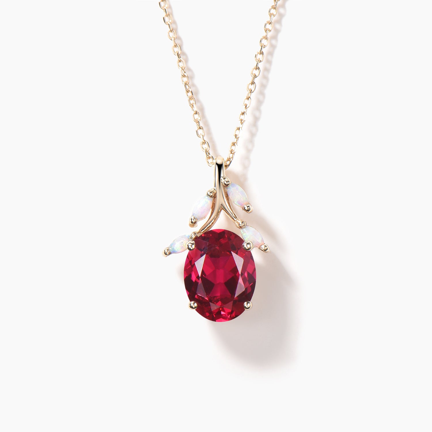 1.5CT Oval Cut Ruby Pendant with White Opal Branch in 14K Yellow Gold Necklace for Women - Elegant Jewelry Gift for Birthday, Anniversary & Special Occasions