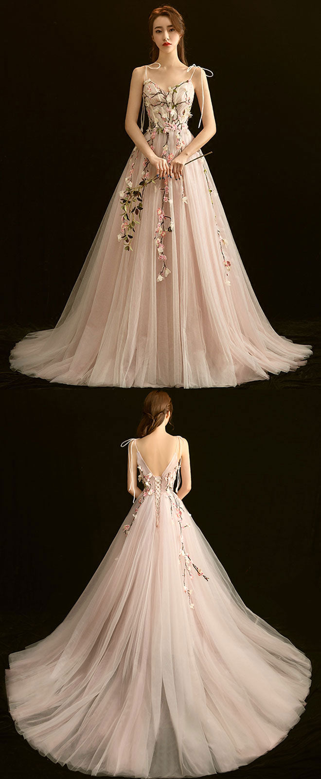 Elegant Light Pink V-Neck Lace Long Prom Dress for Women - Perfect for Evening Gala, Homecoming, and Formal Events