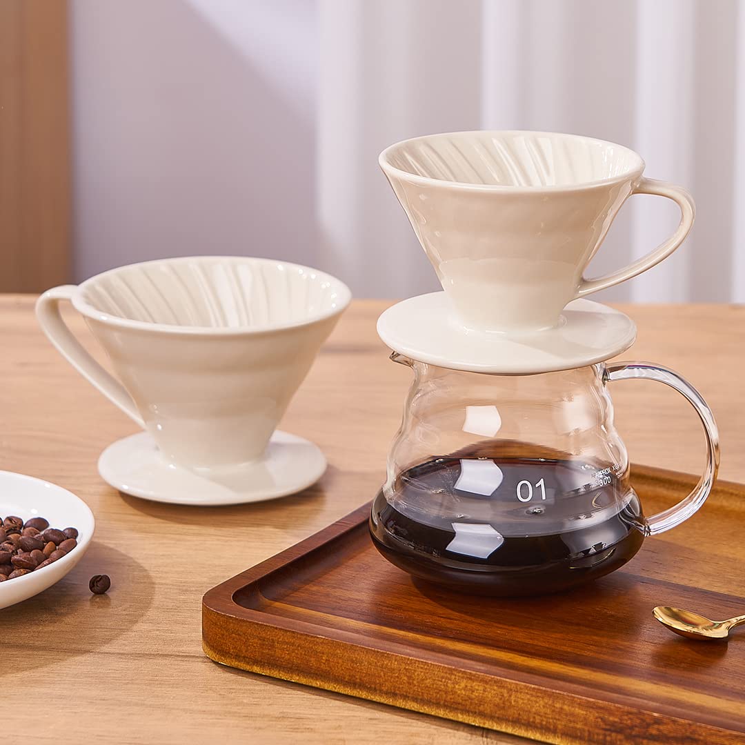 YOLIFE Ceramic Pour Over Coffee Dripper - 2 Cup Coffee Maker for Home & Office Brewing - Perfect for Single Serve or Small Batch Coffee - Off White Design
