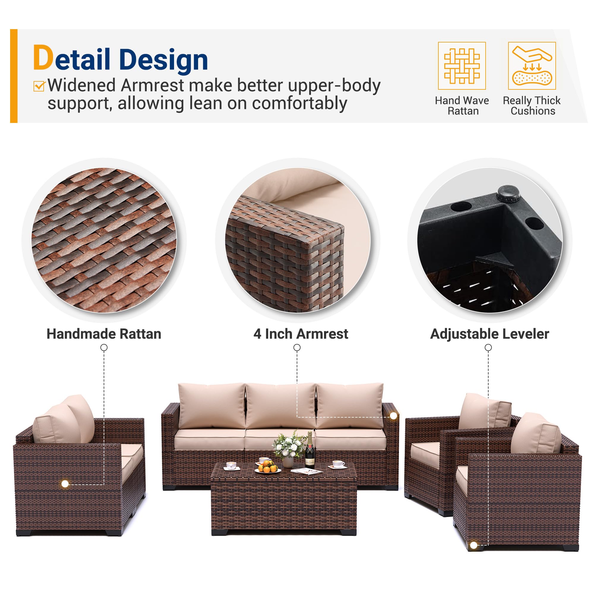 UDPATIO 2-Person Wicker Patio Love Seat - Outdoor Rattan Sectional Sofa with Steel Frame, Waterproof Cover, Non-Slip Cushions & High Back Support (Khaki) - Perfect for Garden, Poolside, Balcony & Backyard Relaxation