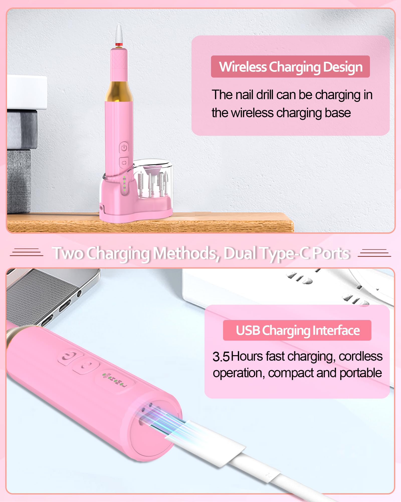 Professional Cordless Electric Nail Drill Kit - Rechargeable Portable Nail File Machine for Gel & Acrylic Nails, Home Salon Manicure Pedicure Tools (Pink) | Perfect for DIY Nail Art, Salon Professionals & At-Home Beauty Care