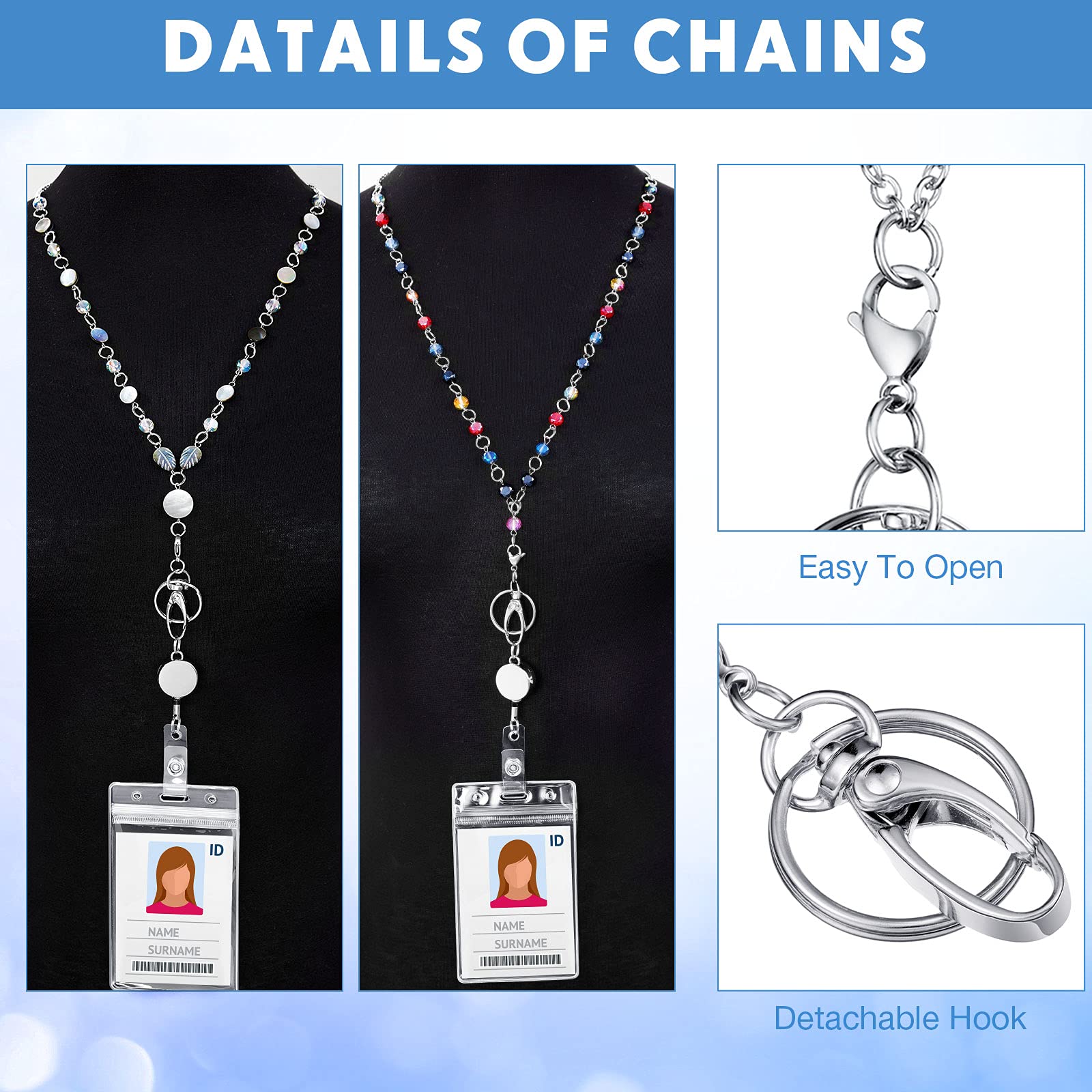 Pangda 4-Pack Beaded ID Necklace Set - Retractable Lanyards for Women - Office & School Use