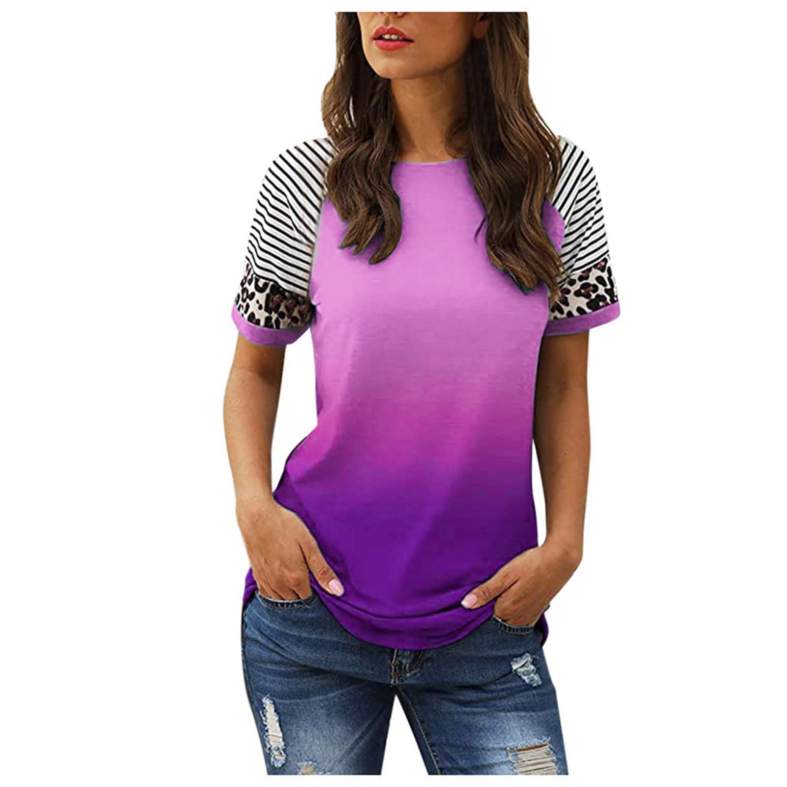 Women's Short Sleeve T-Shirts - Striped Color Block & Leopard Print Casual Tops | Trendy Ombre Crew Neck Tunic Blouse for Everyday Wear, Work & Weekend Outfits