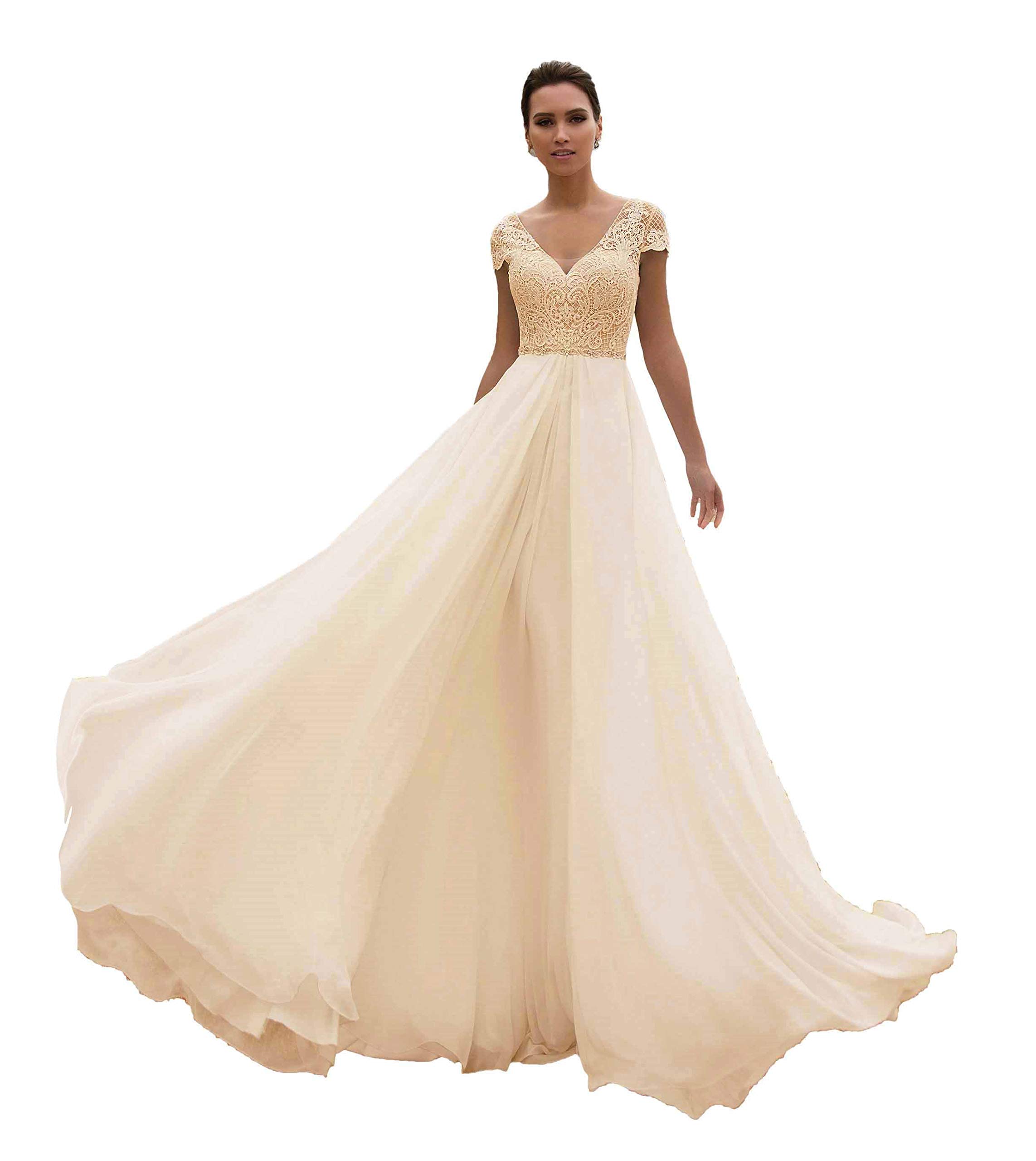Awishwill Women's Chiffon Beach Boho Wedding Dress - V Neck Beaded Lace Formal Gown for Beach Weddings, Boho Bridal, and Summer Evening Events
