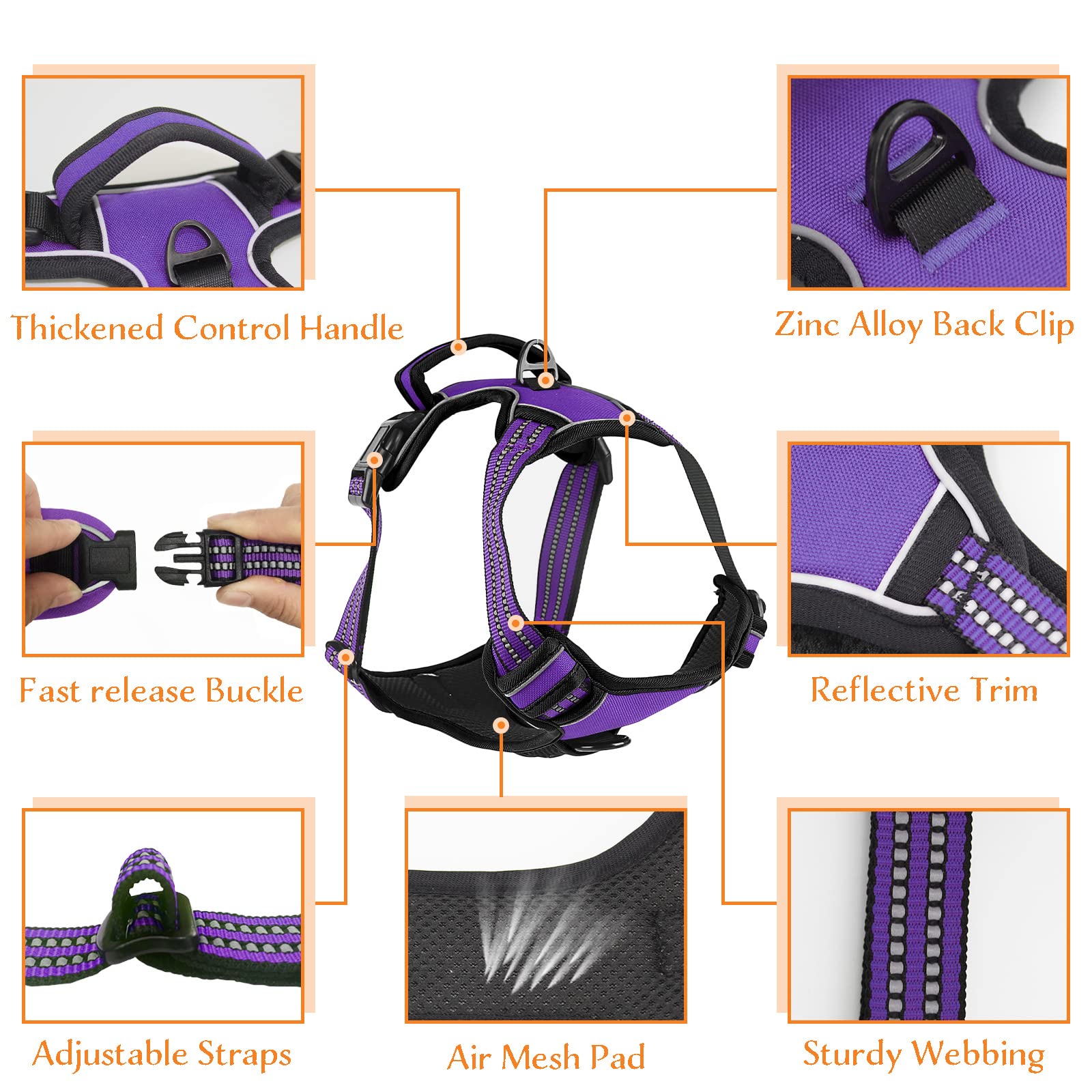 No Pull Dog Harness for Small Medium Large Dogs - Adjustable Reflective Pet Vest with Front Clip & Padded Design - Easy Control Handle for Outdoor Training, Walking & Hiking (Purple) - Perfect for Daily Walks, Jogging & Pet Adventures