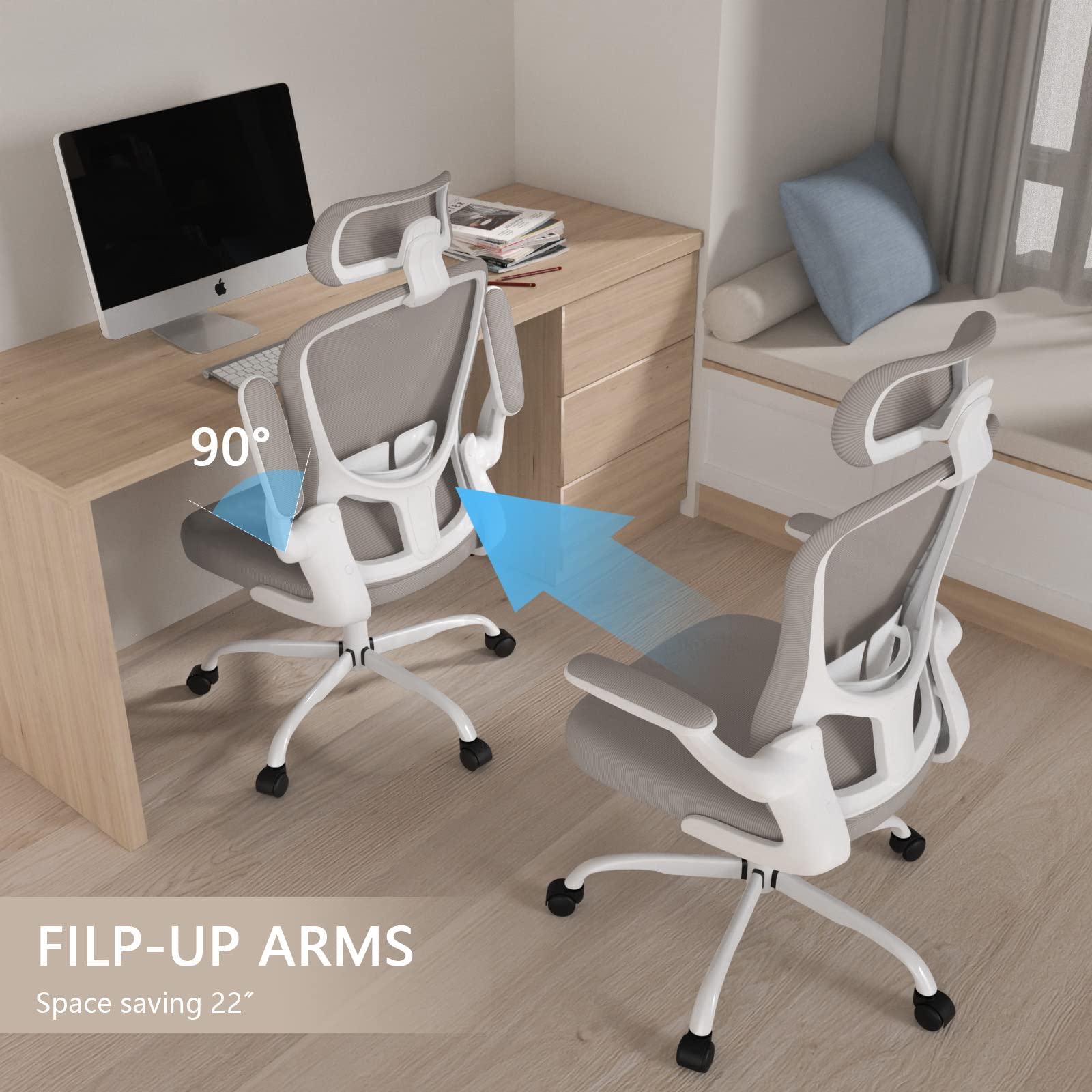 Ergonomic High Back Office Chair with Adjustable Lumbar Support & Headrest - Breathable Mesh Desk Chair, Swivel Task Chair with Flip-Up Armrests - Perfect for Home Office & Executive Workspaces
