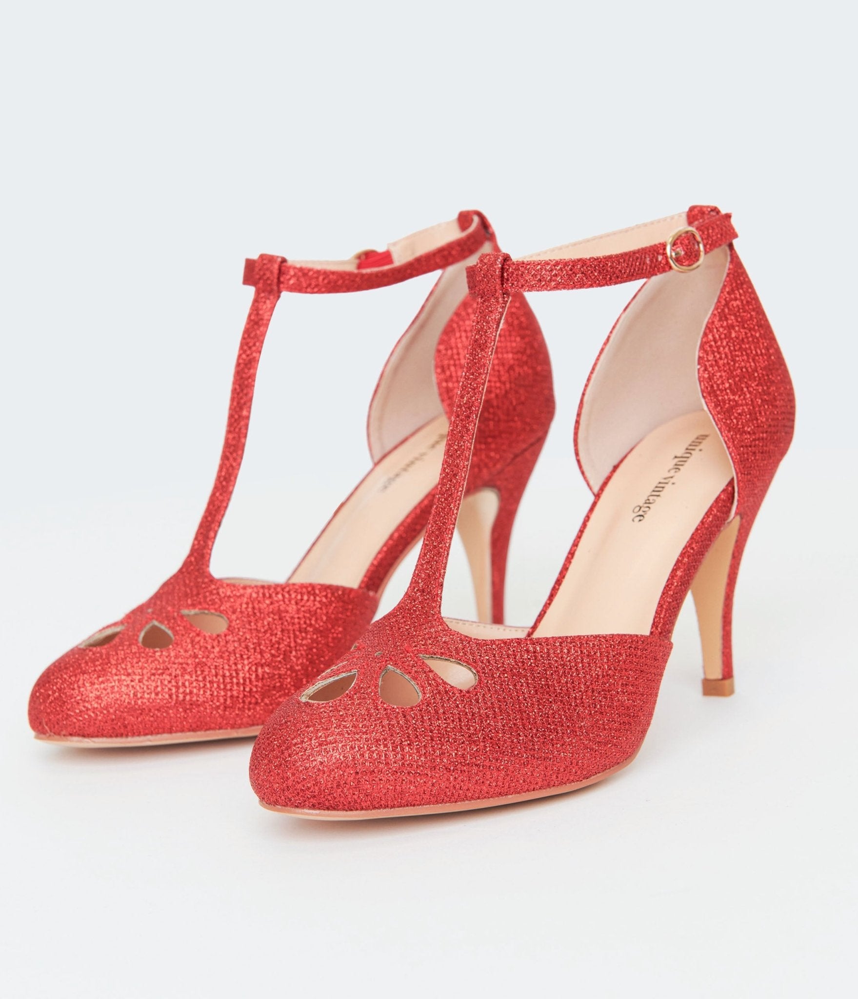 Vintage 1920s Red Sparkle T-Strap Dance Shoes - Retro Flapper Pumps for Women - Perfect for Gatsby Parties, Swing Dancing & Themed Weddings