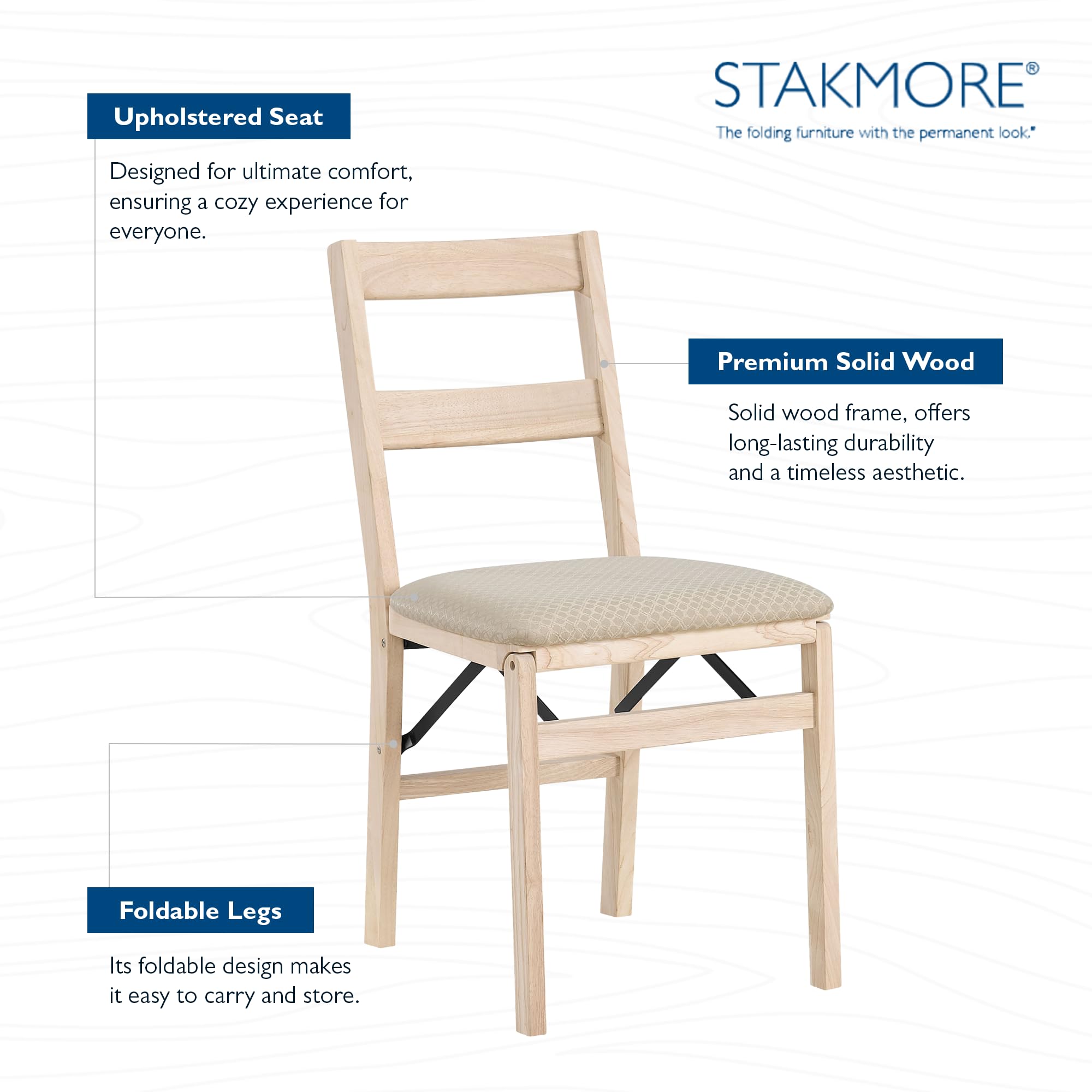 Premium MECO Stakmore Solid Wood Folding Dining Chairs Set of 2 - Classic Unfinished Wooden Table & Fabric Padded Seats for Home, Kitchen, Office, and Small Spaces