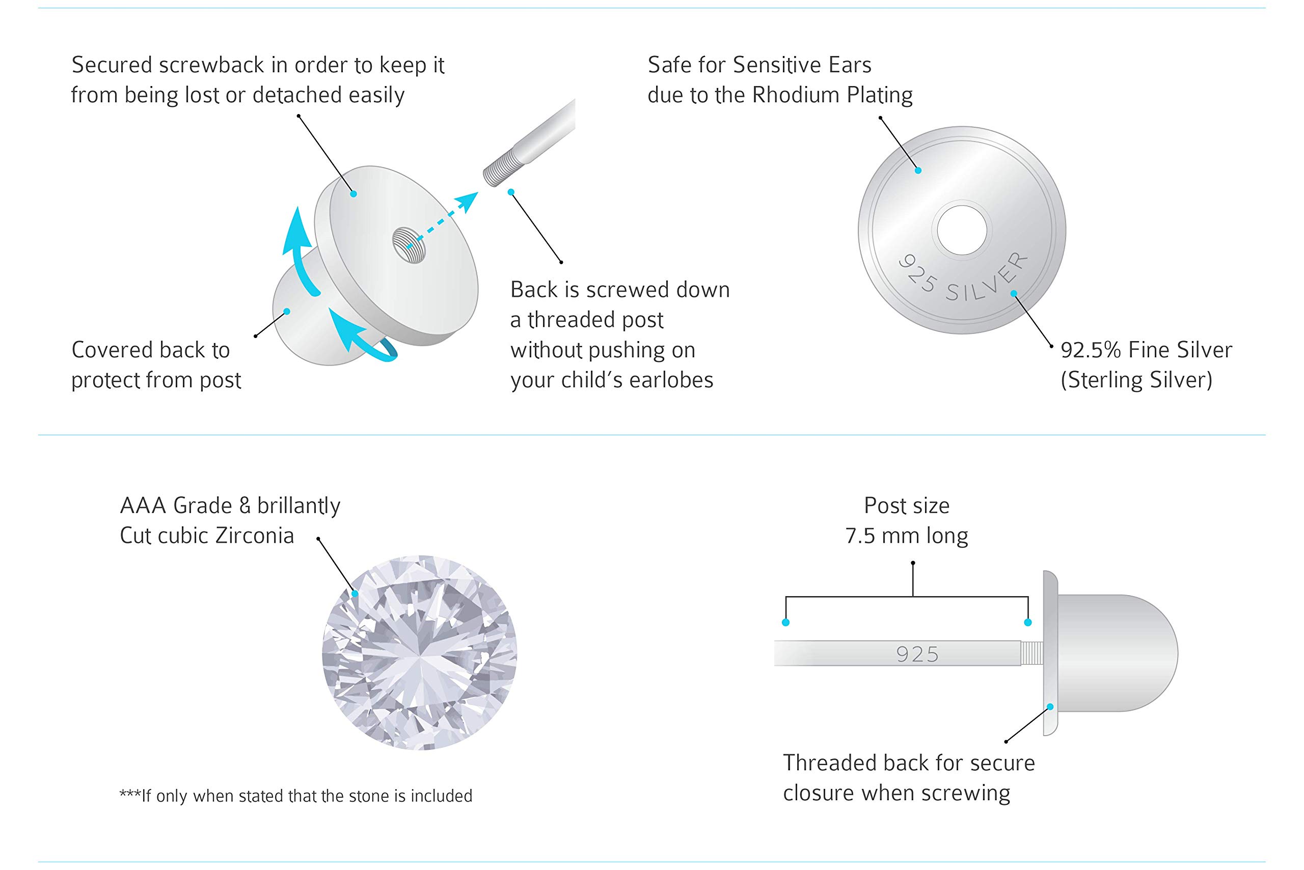 925 Sterling Silver Rhodium Plated Rose Flower Cubic Zirconia Screwback Earrings for Baby Girls | Hypoallergenic Kids Jewelry Gift for Birthdays, Christening & Special Occasions
