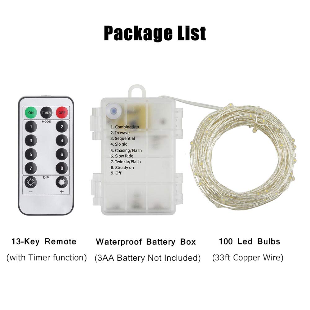 Battery Operated Fairy Lights - 33ft 100 LED Waterproof String Lights with Remote & Timer, 8 Lighting Modes, Silver Coated Copper Wire for Indoor/Outdoor Decor (Cool White) - Perfect for Bedroom, Wedding, Party, Garden and Christmas Decorations
