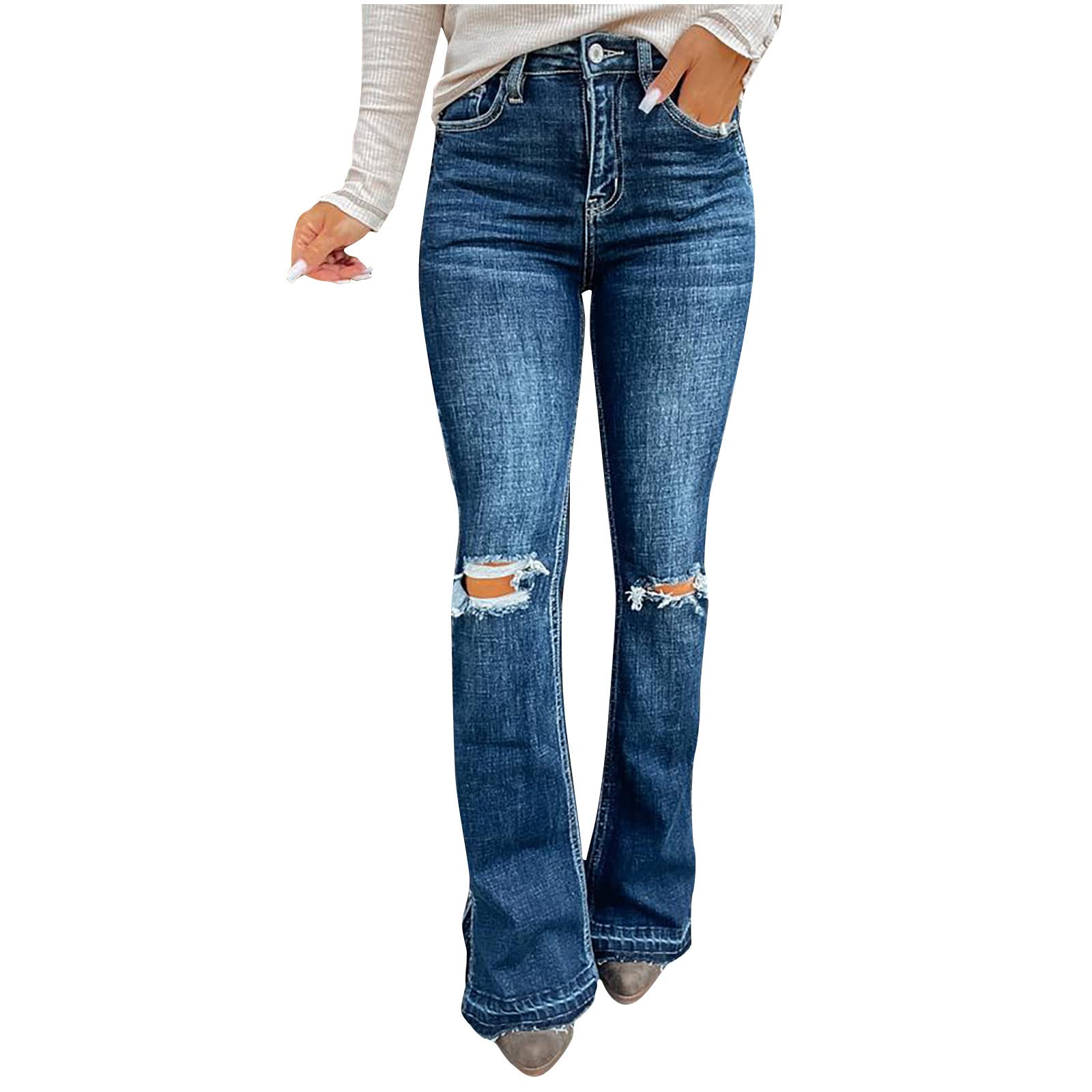 Women's Flare Jeans High Waist Stretch Bootcut Ripped Denim Pants - Bell Bottoms, Straight Leg & Wide Leg Styles with Hem Slit for Casual Outfits, Date Night & Vintage Fashion Looks