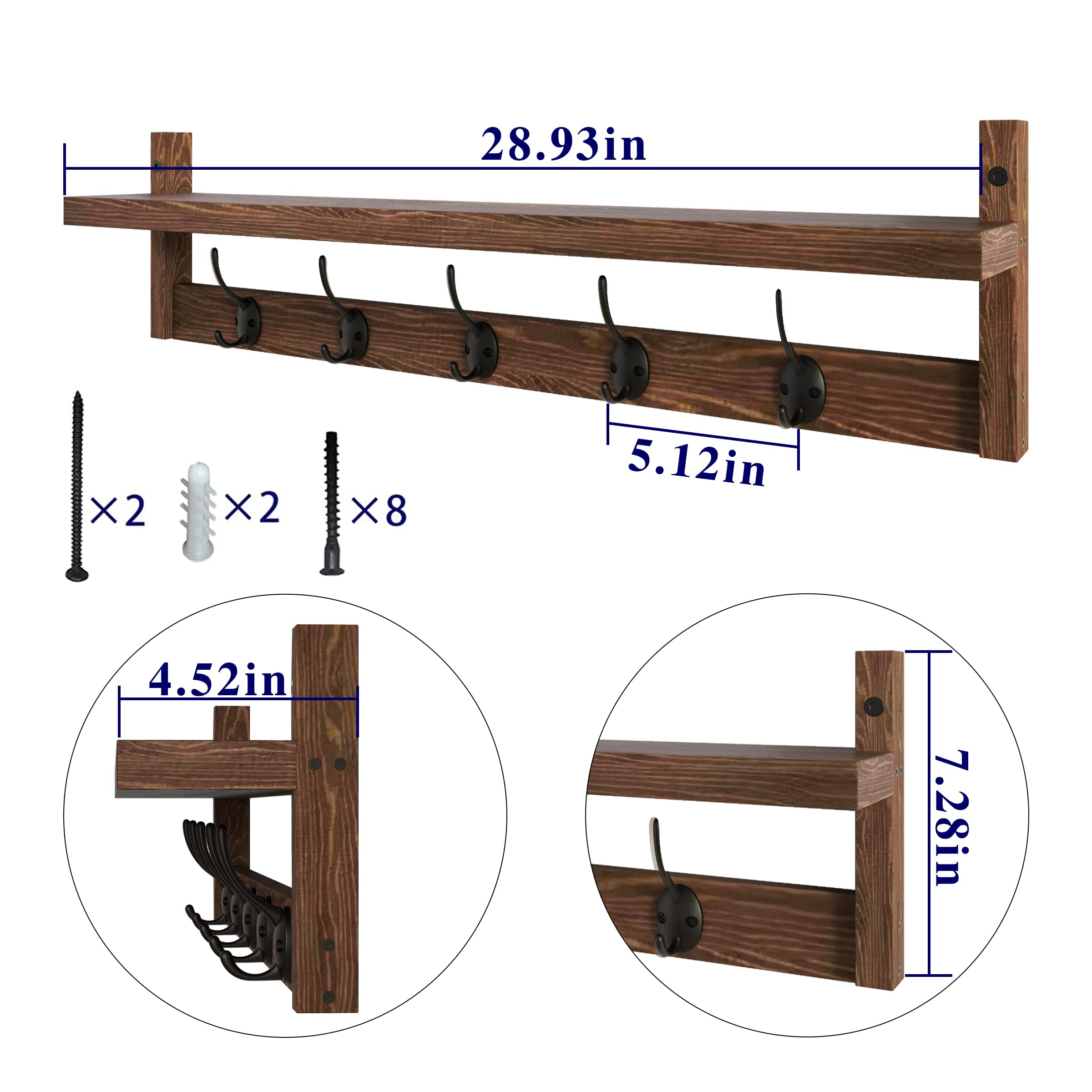 AMBIRD 28.9 Inch Wall Mounted Coat Rack with Shelf - 5 Dual Hooks for Entryway, Bathroom, Living Room & Bedroom - Solid Wood Hanging Organizer for Jackets, Hats, Bags & Towels (Brown) - Perfect for Small Spaces & Home Decor