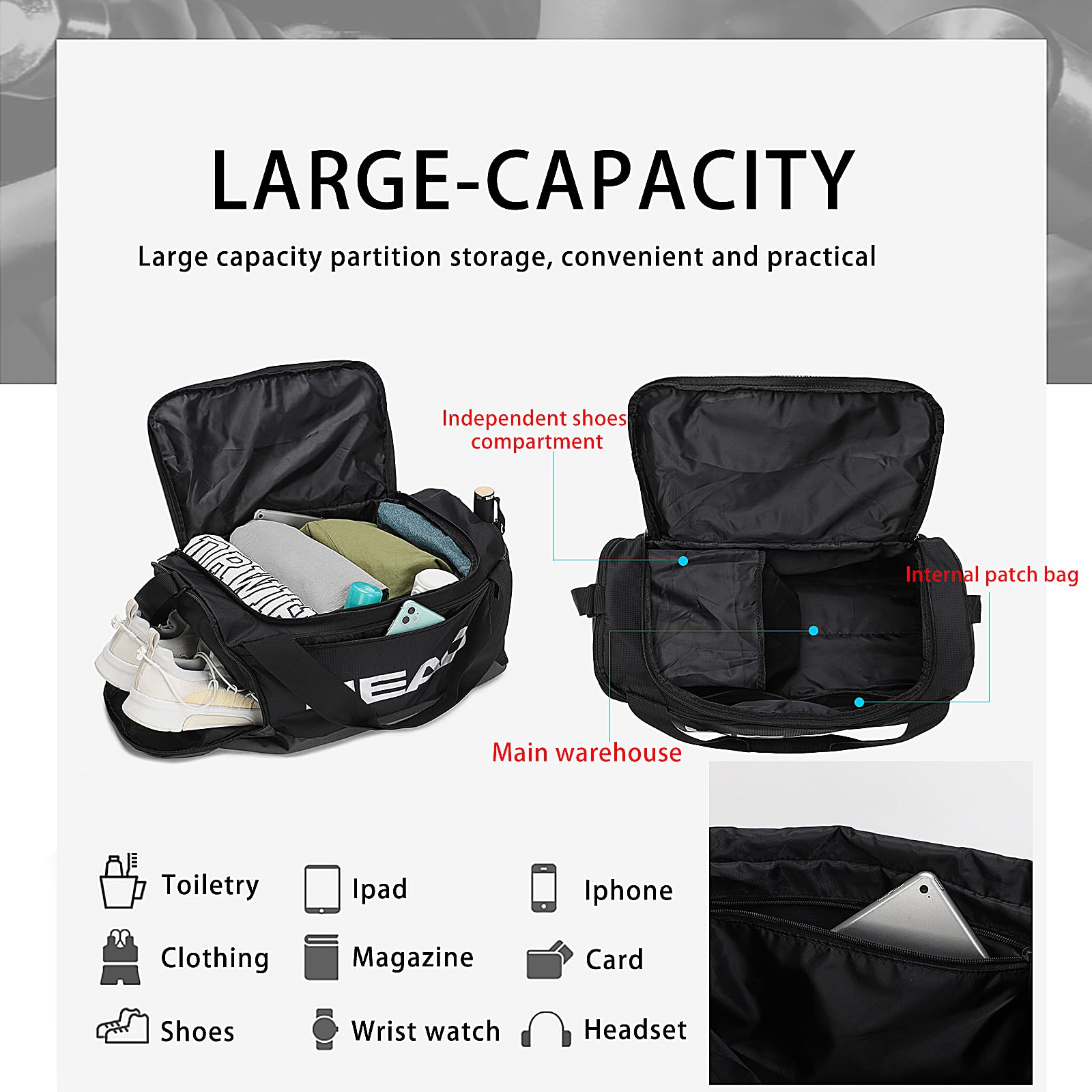 HEAD 45L Waterproof Tennis Duffel Bag for Men - Large Capacity Sports Gym Bag with Shoe Compartment - Lightweight Crossbody Duffle for Workout, Travel & Business - Perfect for Gym, Tennis, Weekend Trips & Overnight Stays