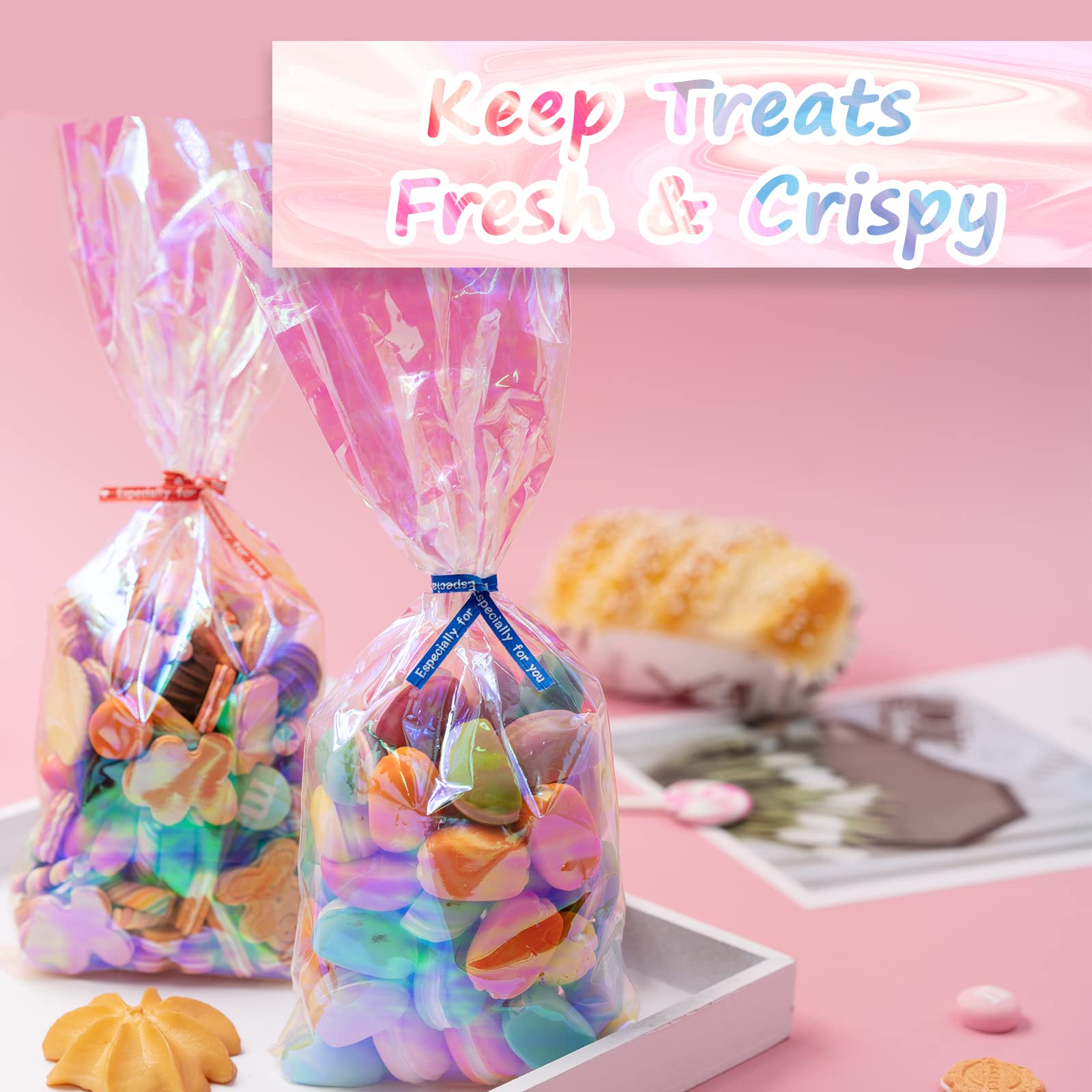 Easter Cellophane Treat Bags - Iridescent Holographic Candy Goodie Bags with 5 Colors Twist Ties for Party Favors, Easter, Weddings, Christmas, Valentine's Day | Perfect for Birthday Parties, Holiday Gifts & Candy Packaging