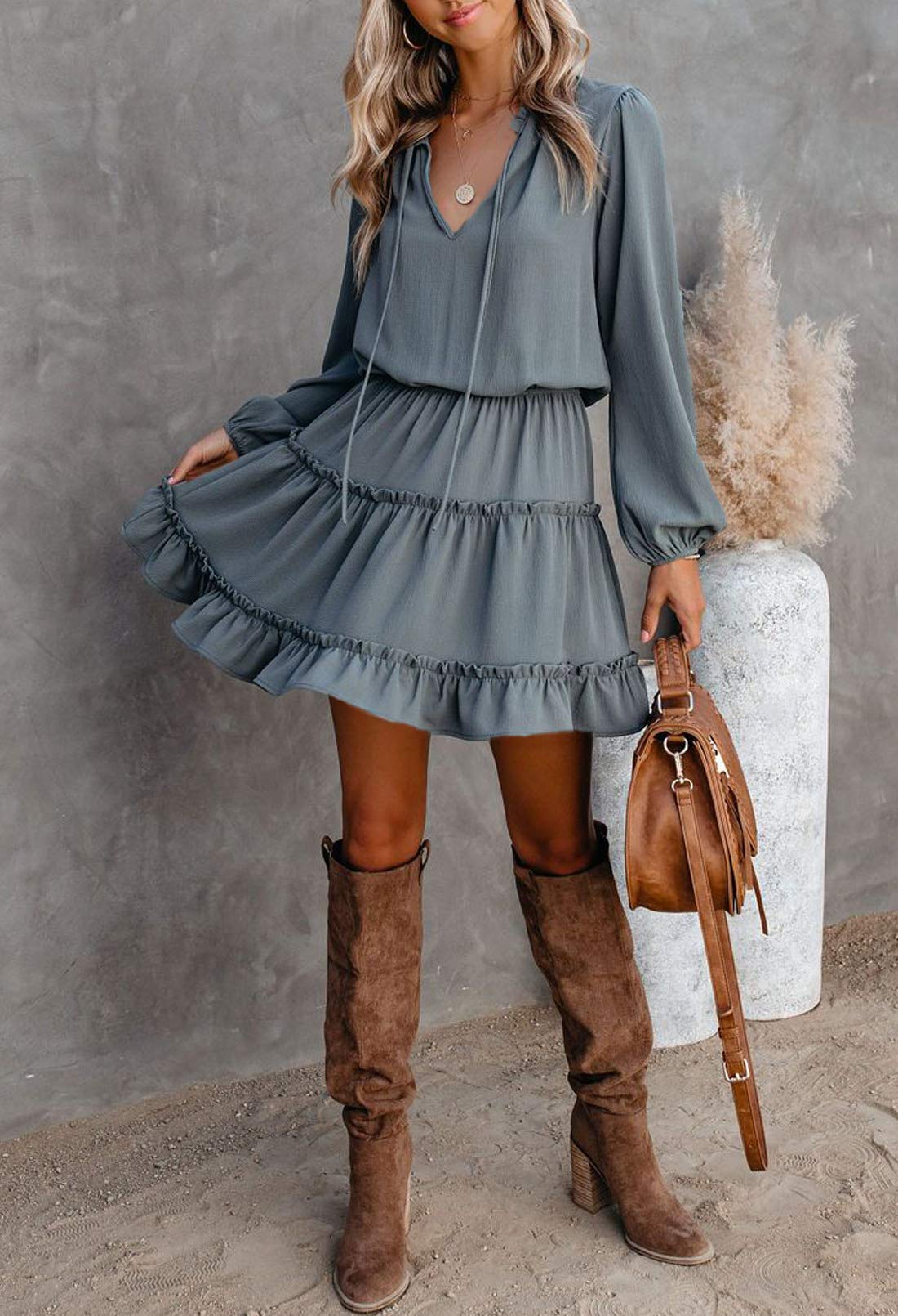 LaSuiveur Women's Flowy V-Neck Ruffle Tiered Mini Dress - Long Sleeve High Waist Swing Dress with Dot Print for Fall, Casual Wear, Date Night & Office Outfits