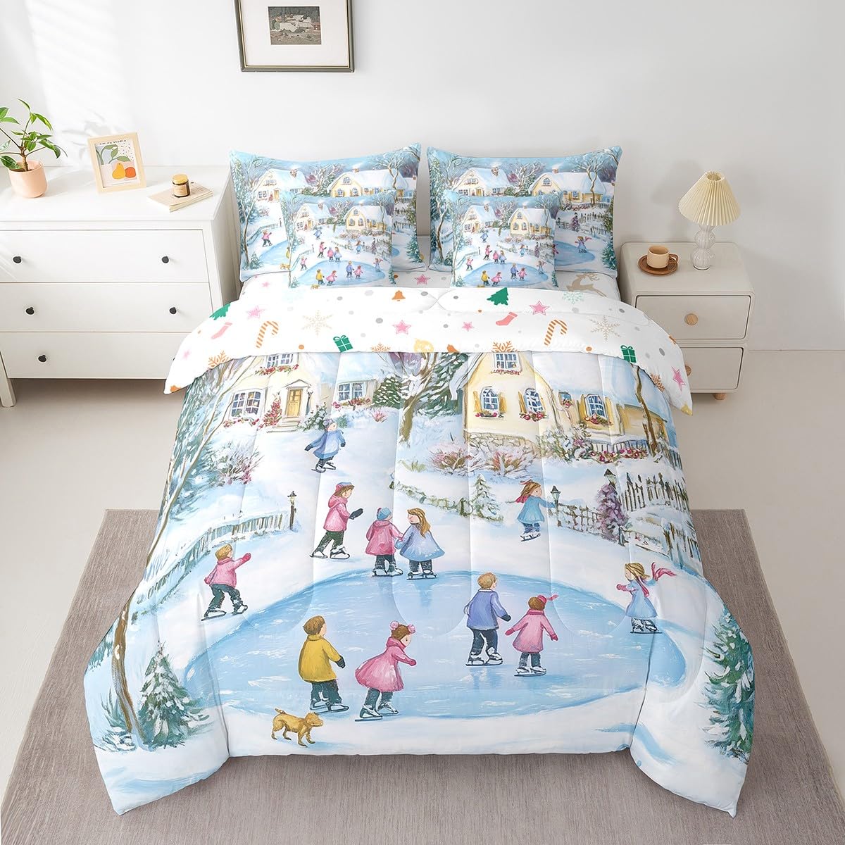 Erosebridal 7-Piece Winter Ski Queen Bedding Set - Snow Skiing Themed Comforter Set with Sheets for Kids, Girls & Boys - Christmas Home Decor Rustic Country Bed Set with Fitted Sheet, Flat Sheet & Pillowcases - Cozy Ski Lodge Bedroom Decor for Winter Holidays & Snowy Getaways
