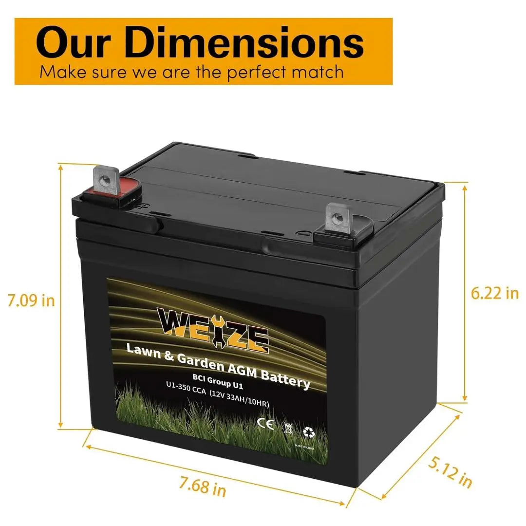 WEIZE AGM 12V 350CCA BCI Group U1 SLA Starting Battery - Compatible with John Deere, Toro, Cub Cadet & Craftsman Lawn Tractors & Mowers | Reliable Power for Yard Maintenance & Landscaping Equipment