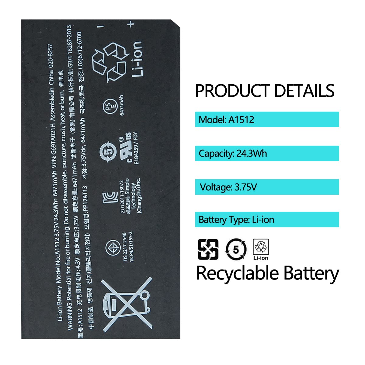 High Capacity 6471mAh A1512 A1489 Replacement Battery for iPad Mini 2 (A1489/A1490/A1491) & iPad Mini 3 (A1599/A1600/A1601) - Includes Installation Tools - Perfect for Home, Office & Travel Use