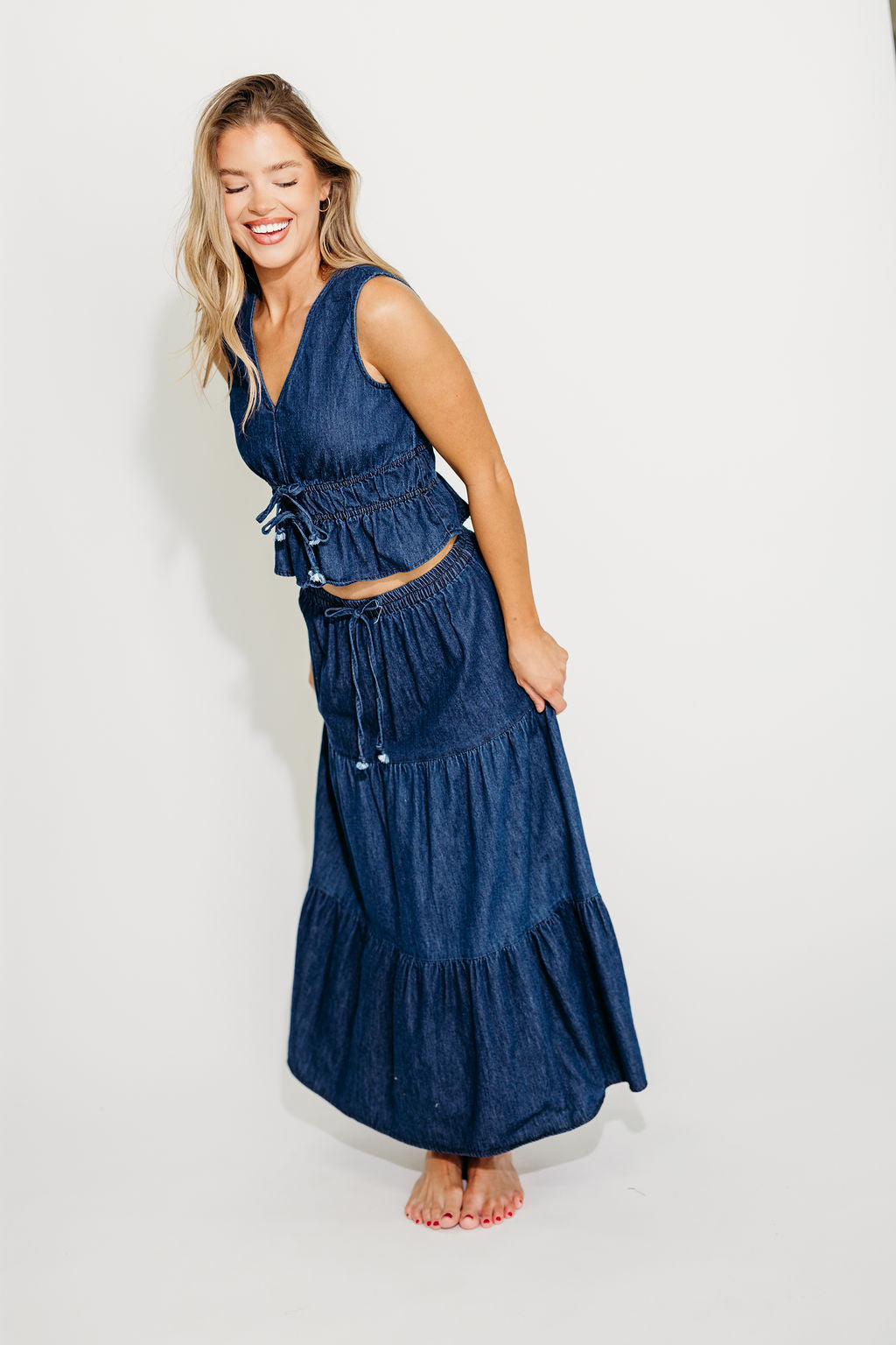 Noah Women's 100% Cotton Denim Peplum Top & Midi Skirt Set - Casual Outfit for Spring Summer | Perfect for Date Night, Office Wear & Weekend Brunch