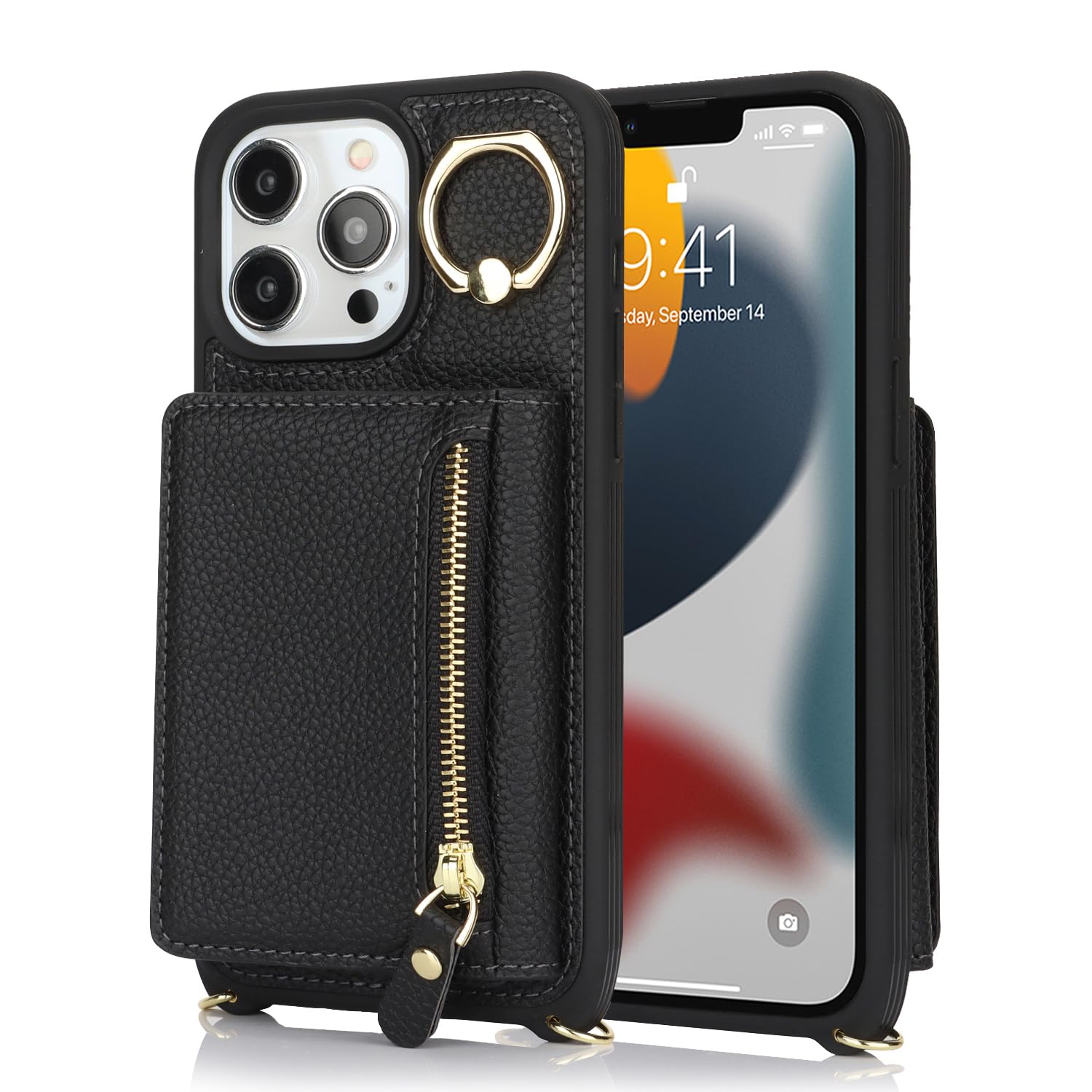 Premium Leather iPhone 13 Pro Max Case with Card Holder & Crossbody Strap - Wallet Phone Case with Zipper Pocket, Stand Ring & Lanyard (Black) | Perfect for Women's Everyday Use, Travel & Hands-Free Convenience