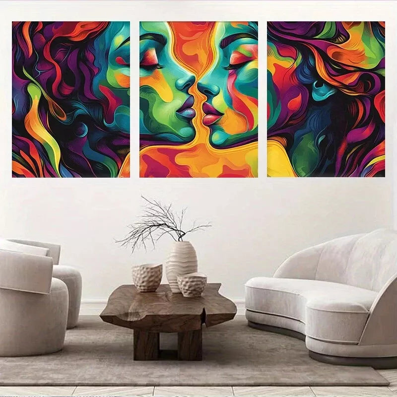 3-Piece Modern Vibrant Abstract Faces Wall Art Set - Framed Canvas 50x70cm (20x28in) - High Quality Print - Ready to Hang - Perfect for Living Room, Bedroom & Office Decor