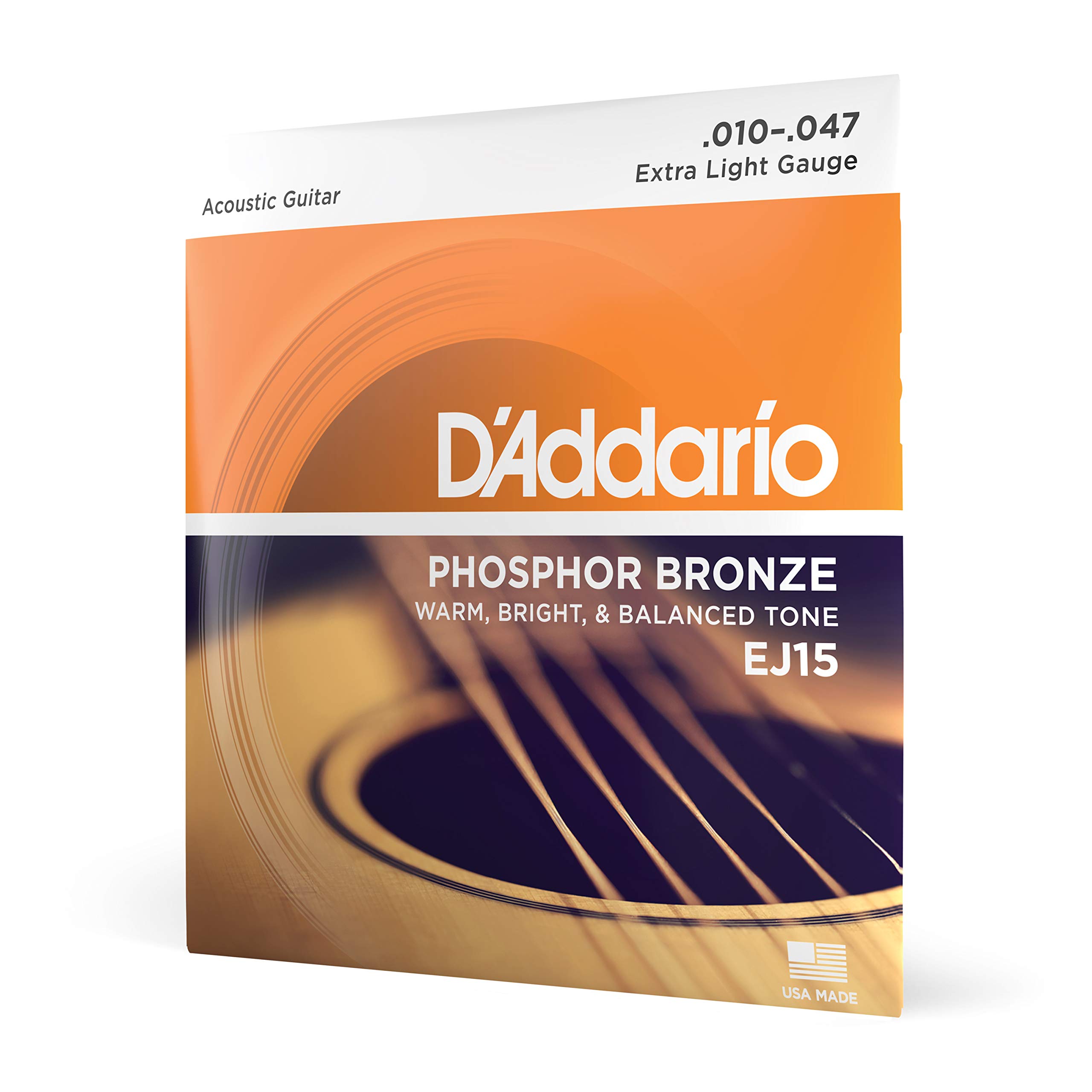 D'Addario EJ15 Phosphor Bronze Acoustic Guitar Strings 10-47 Extra Light - Warm Balanced Tone for 6-String Guitars - Perfect for Folk, Country & Fingerstyle Playing