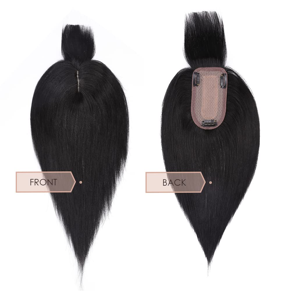 MY-LADY Real Human Hair Toppers for Women with Thinning Hair - 7x13cm Silk Base Hairpiece with Bangs, 150% Density, 6 Inch Clip-in Remy Hair in Jet Black - Perfect for Daily Wear, Parties & Special Occasions