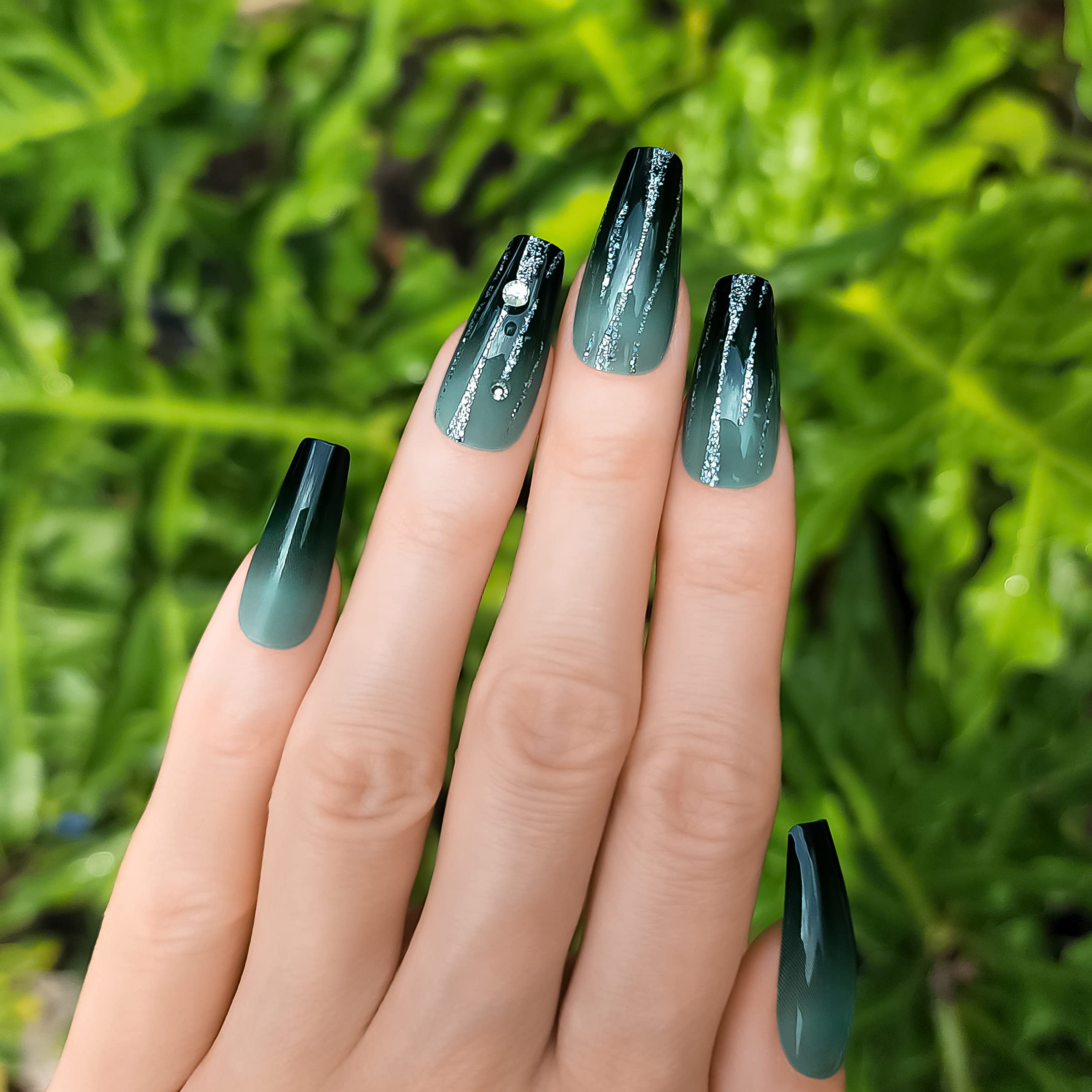 Hypnaughty 24 Pcs LUXE Black to Green Ombre Press on Nails - Glitter & Rhinestone Coffin Fake Nails with Glue - Long Luxury Acrylic Nails for Parties, Weddings & Special Occasions