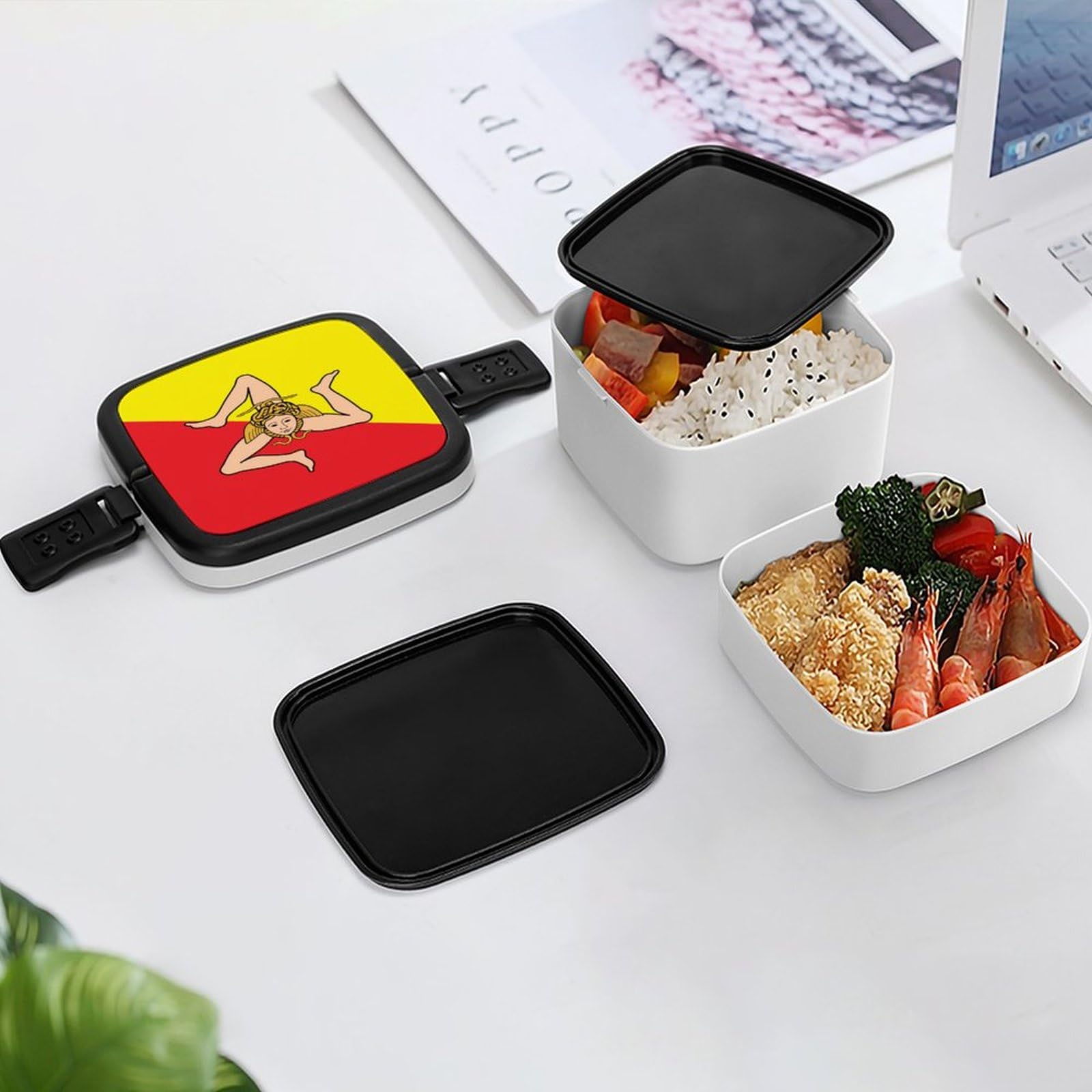 Sicily Flag Bento Box - Double Layer Stackable Lunch Box for Adults with Spoon - Leakproof Travel Food Container for Office, School & Picnic