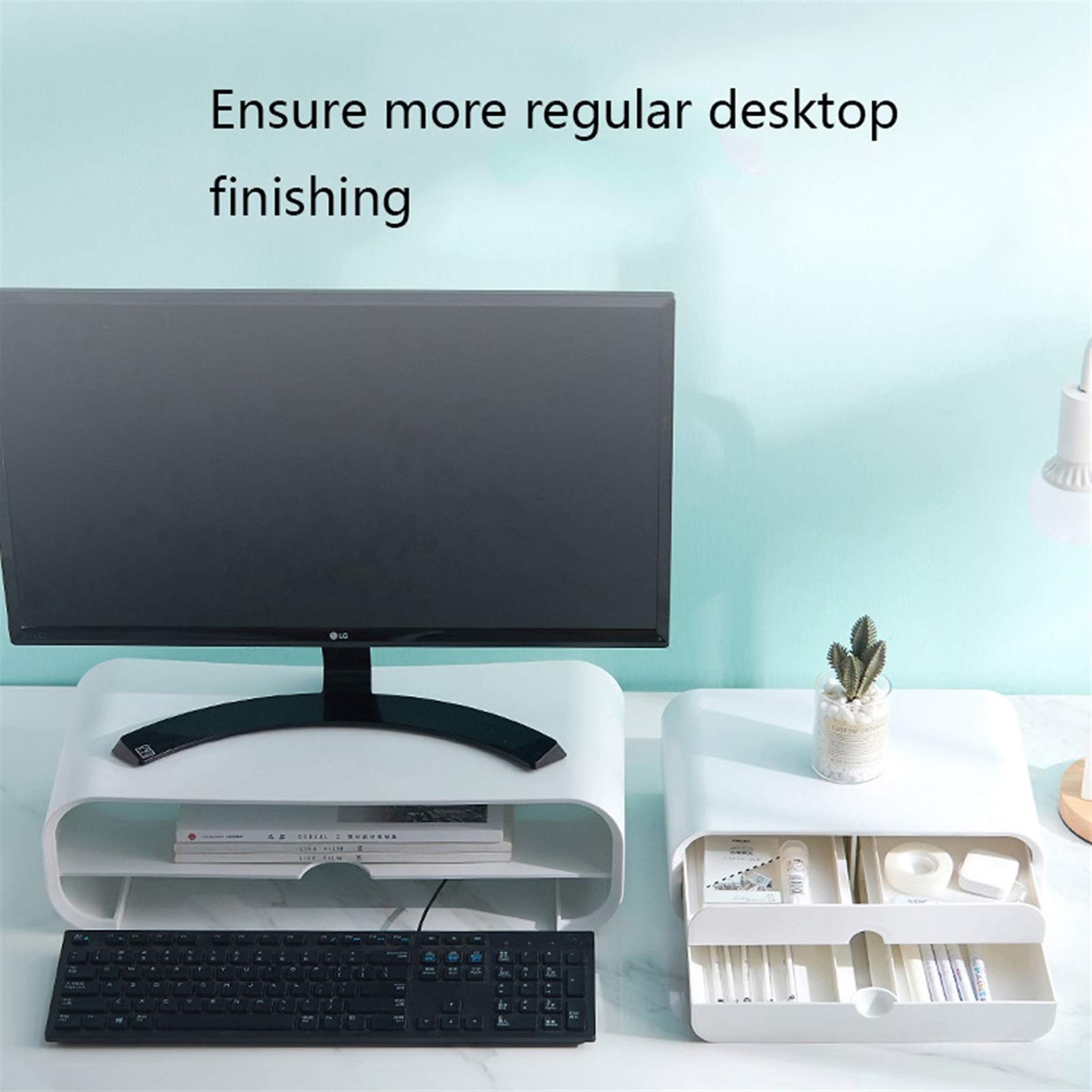 ABS Plastic Monitor Stand Riser with Dual Drawers - 2 Tier Desktop Organizer for Computer, Laptop, iMac - Space Saving Desk Accessory with Hidden Handle (White, 49x22x12cm) - Perfect for Home Office & Workspace Organization