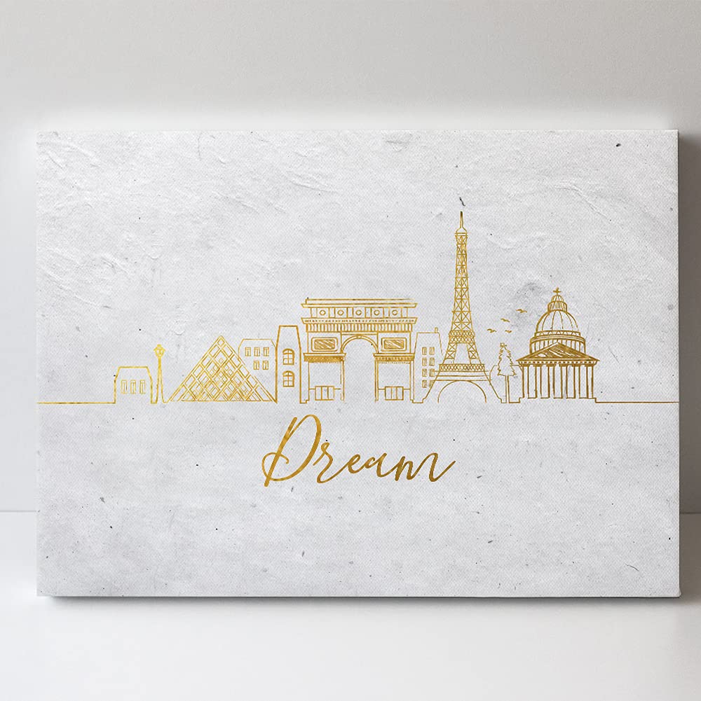 TJ Originals Paris France Europe City Skyline Gold 'Dream' Inspirational Travel Canvas Wall Art - Perfect Wedding Gift for Couples, Engagement Present for Her, New Home Decor - Ideal for Living Room, Bedroom & Office Aesthetic Decorations