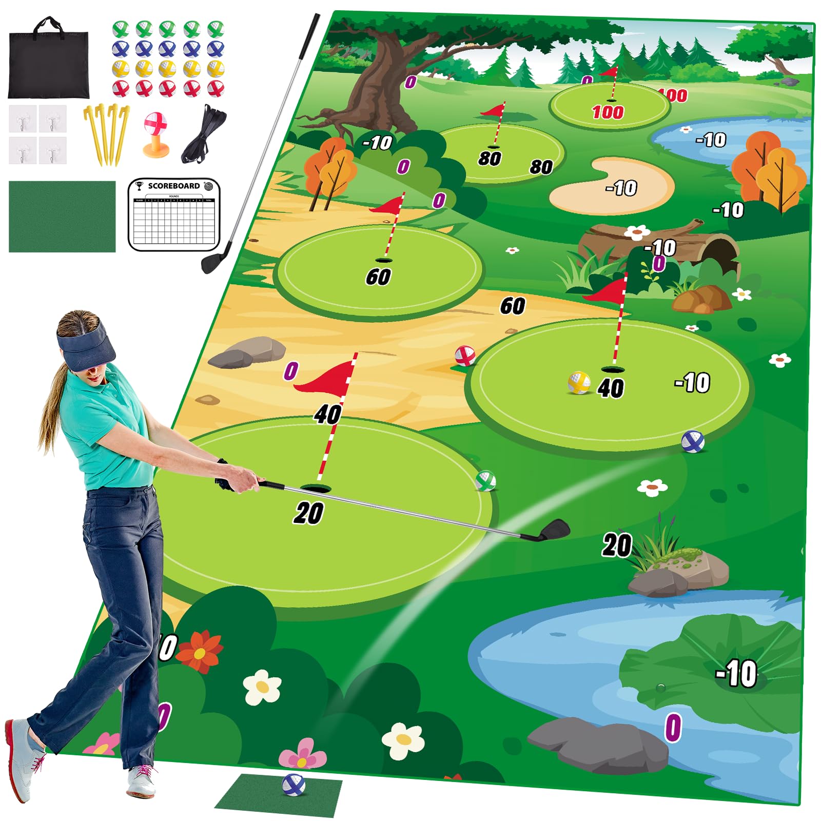 VATOS Golf Chipping Practice Mat with Club & 20 Balls - Indoor/Outdoor Golf Training Mat for Kids & Adults - Perfect for Backyard, Family Fun & Golf Skill Development