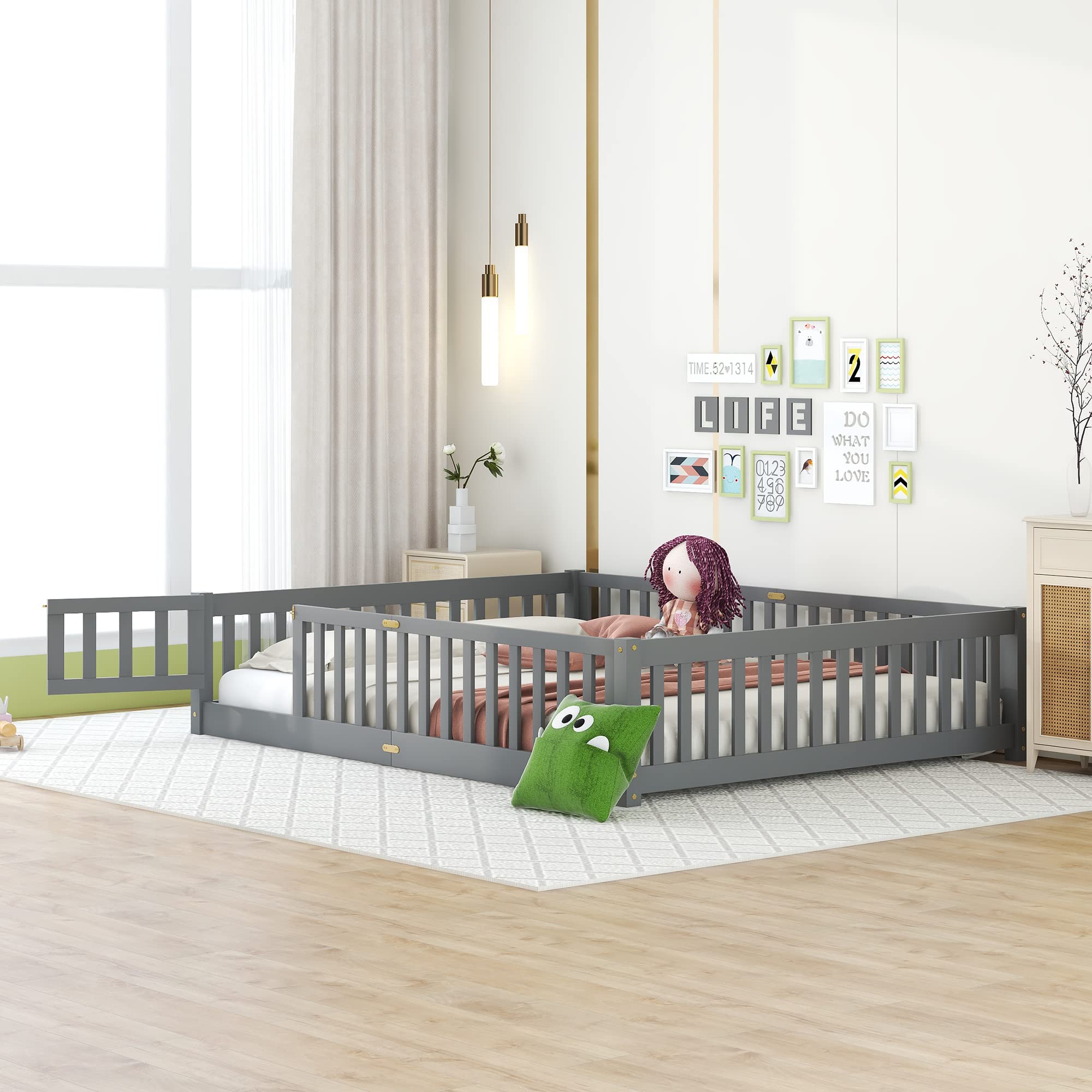 Queen Size Gray Wooden Floor Bed Frame with Safety Fence & 7 Slats - Sturdy Kids Bed for Toddler Room, Nursery, or Playroom - Low Profile Platform Bed with Guardrails for Child Safety