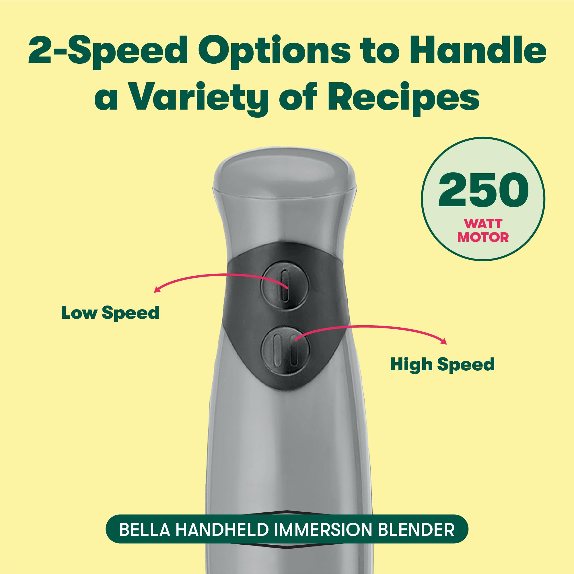 BELLA 250W Immersion Blender Hand Mixer - 2-Speed Electric Handheld Blender with Whisk Attachment for Juicing, Smoothies, Baby Food & Shakes - Stainless Steel BPA-Free Portable Blender (Gray) - Perfect for Kitchen, Camping & Small Space Cooking