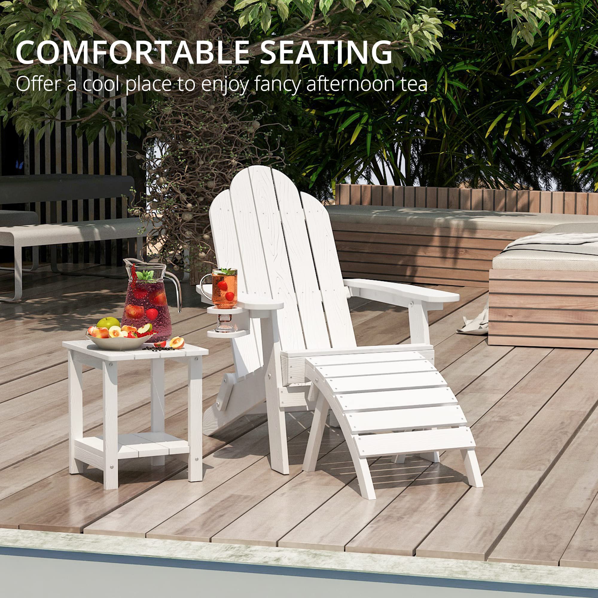 LUE BONA Folding Adirondack Chair Set of 2 - White Weather-Resistant HDPE Plastic Outdoor Patio Chairs with Cup Holder for Fire Pit, Garden, Poolside & Backyard Relaxation