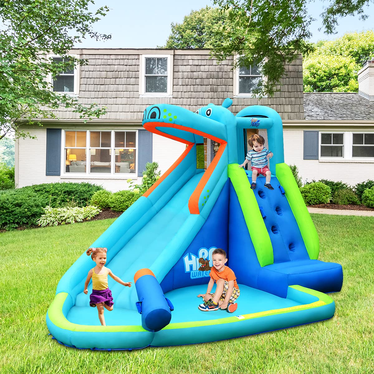OLAKIDS Inflatable Water Slide - Hippo Theme Bounce House with Slide, Splash Pool, Climbing Wall & Water Gun | Outdoor Water Play for Kids Birthday Parties, Summer Backyard Fun | Includes Hose, Carry Bag & Repair Kit