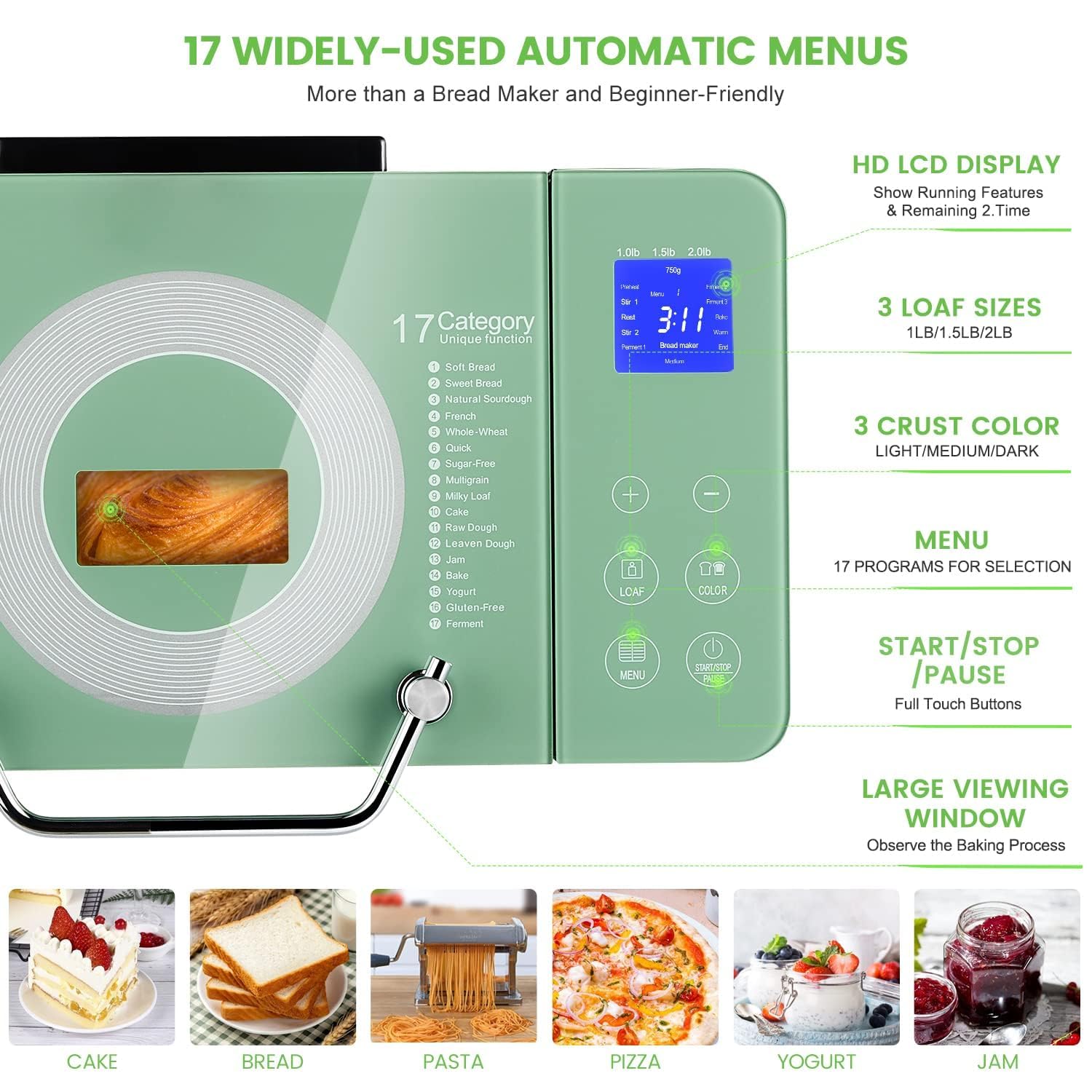 17-in-1 Multifunctional Bread Maker Machine with Dual Heaters - 2.2LB Large Capacity, Non-Stick Ceramic Pan & Auto Fruit Dispenser - Stainless Steel Bread Maker with Touch Panel, 15H Timer & Keep Warm Function - Perfect for Home Baking, Fresh Bread, Gluten-Free & Artisan Loaves