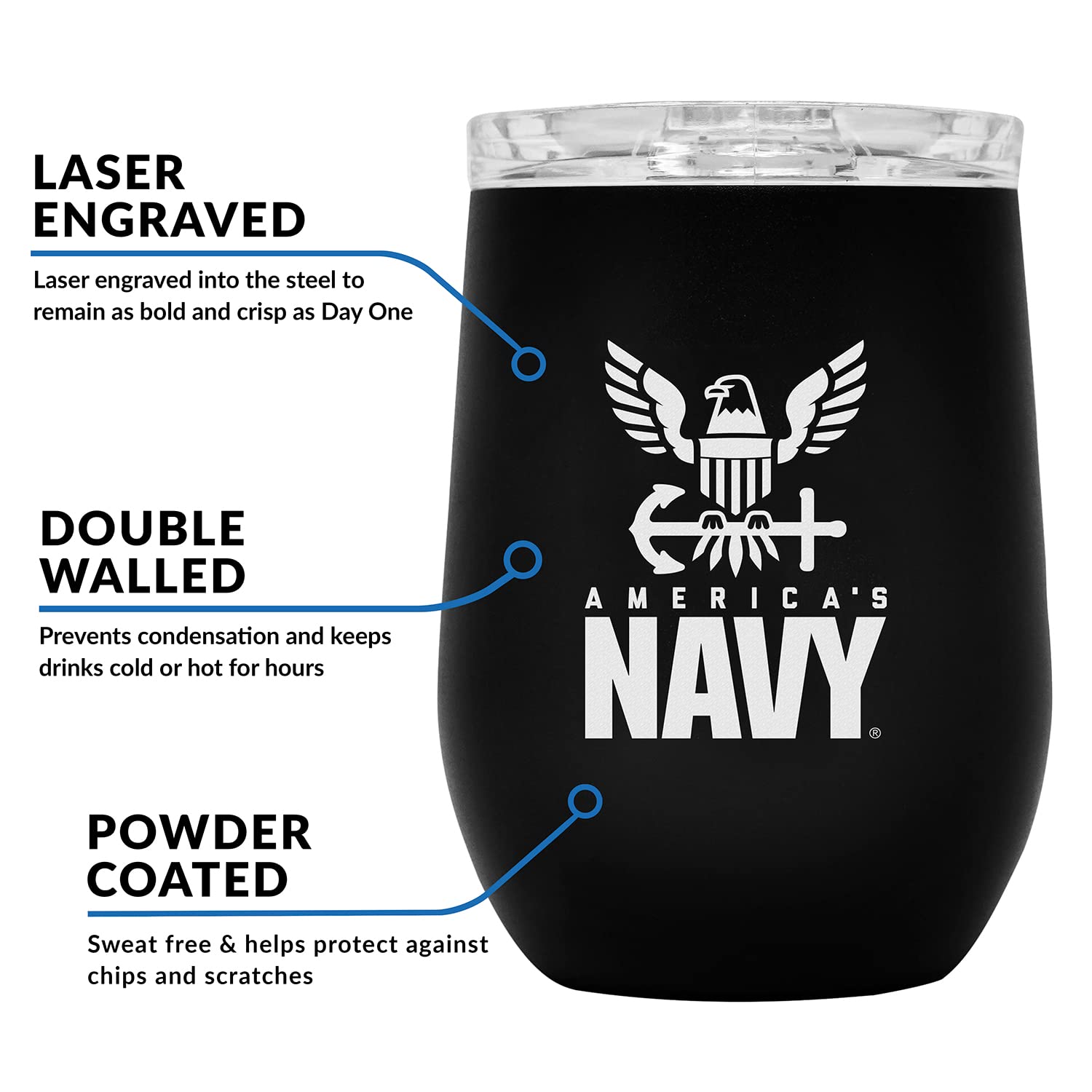 US Navy Steel Stemless Wine Glass Tumbler - 12oz Double Wall Vacuum Insulated Whiskey Cup with Lid, Matte Black with USN Logo - Perfect for Outdoor Camping, Military Gifts & Home Bar Accessories