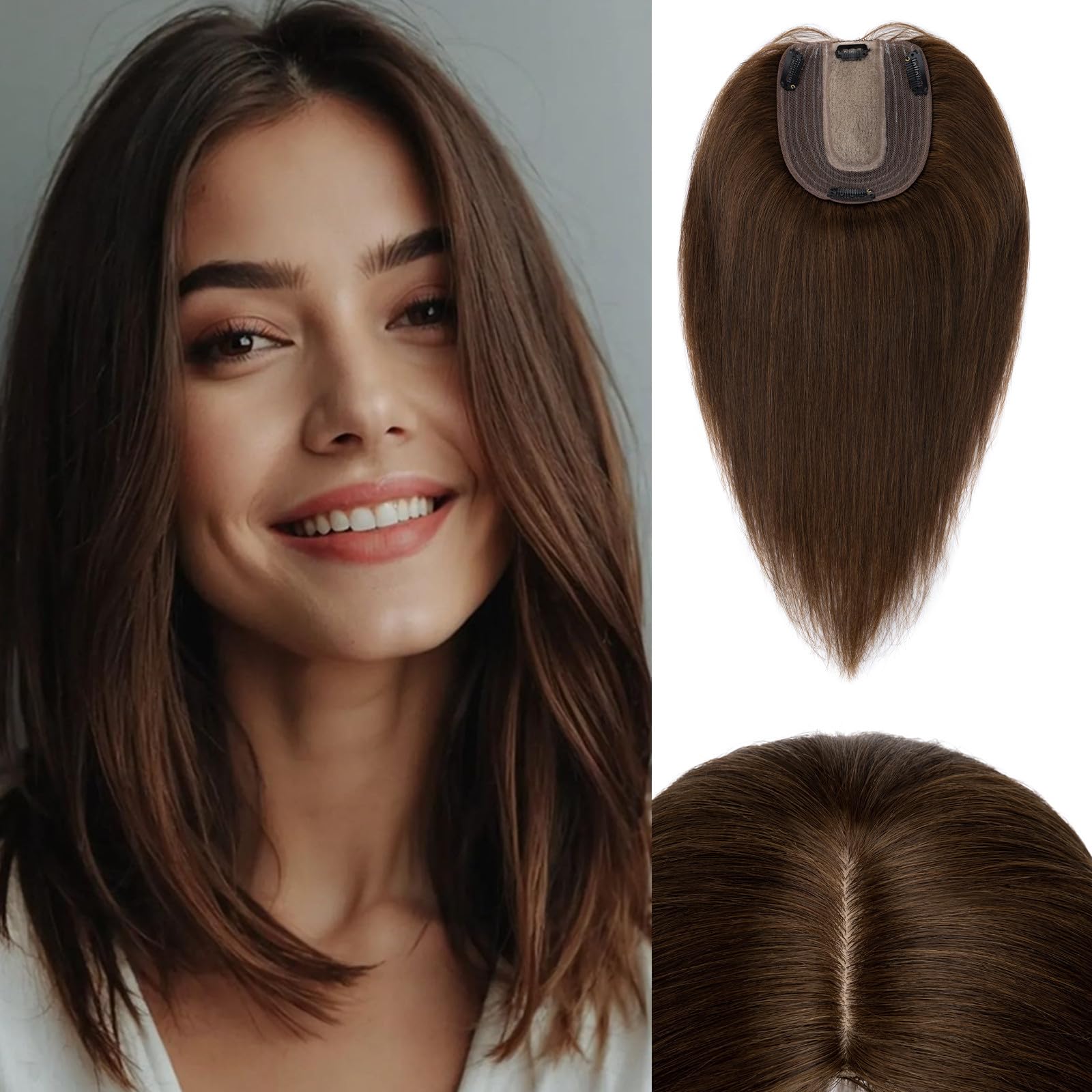 100% Human Hair Toppers for Women - Clip-in Remy Hair Topper with Silk Base for Thinning Hair - 16 Inch Medium Brown (#4) - Natural Looking Hair Replacement for Daily Wear & Special Occasions