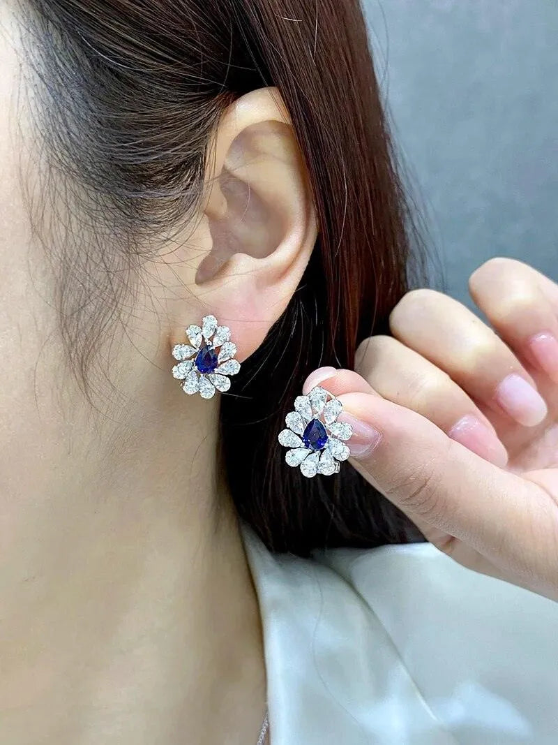 18K White Gold Earrings with Natural Blue Sapphire & Diamonds | Luxury Flower Jewelry for Women | Perfect for Weddings, Anniversaries & Special Occasions
