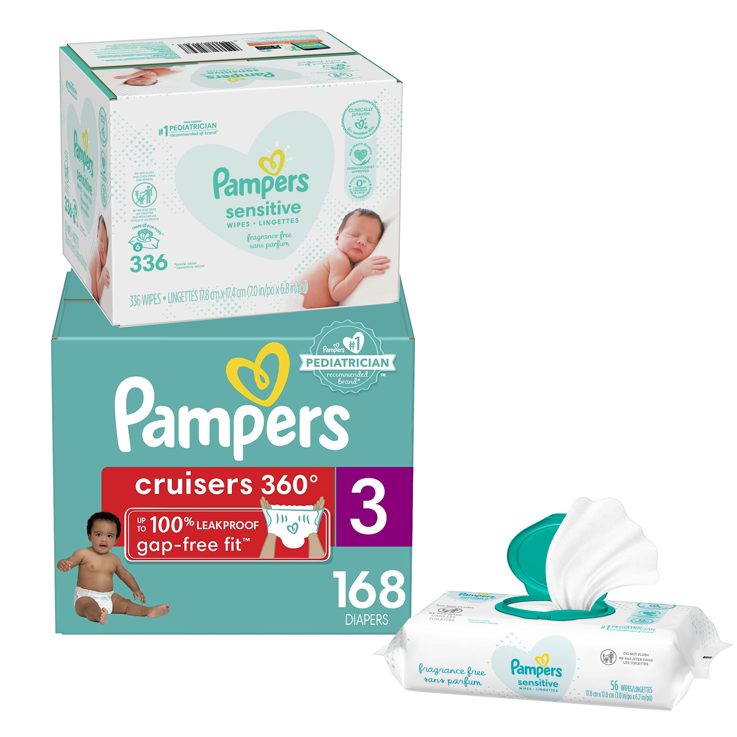 Pampers Cruisers 360° Fit Disposable Baby Diapers Size 3 - 168 Count (One Month Supply) with Baby Wipes (336 Count) | Stretchy Waistband for Active Babies | Perfect for Daycare, Travel & Overnight Protection