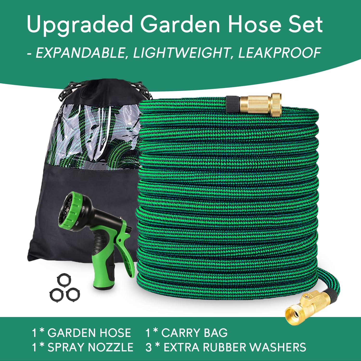 100 ft Expandable Garden Hose - Upgraded No Kink Flexible Water Hose with 10 Pattern Spray Nozzle, 3/4 Inch Solid Brass Connectors & Retractable Latex Core - Lightweight Expanding Hose for Lawn, Garden, Car Washing & Outdoor Cleaning