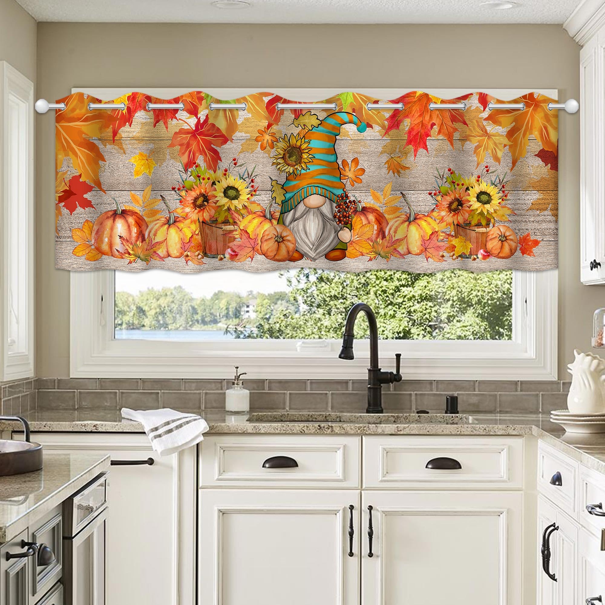 Fall Kitchen Curtains Set of 3 - Farmhouse Gnome, Truck & Pumpkin Harvest Window Curtains 36 Inch Length - Thanksgiving Home Decor for Cozy Autumn Kitchen