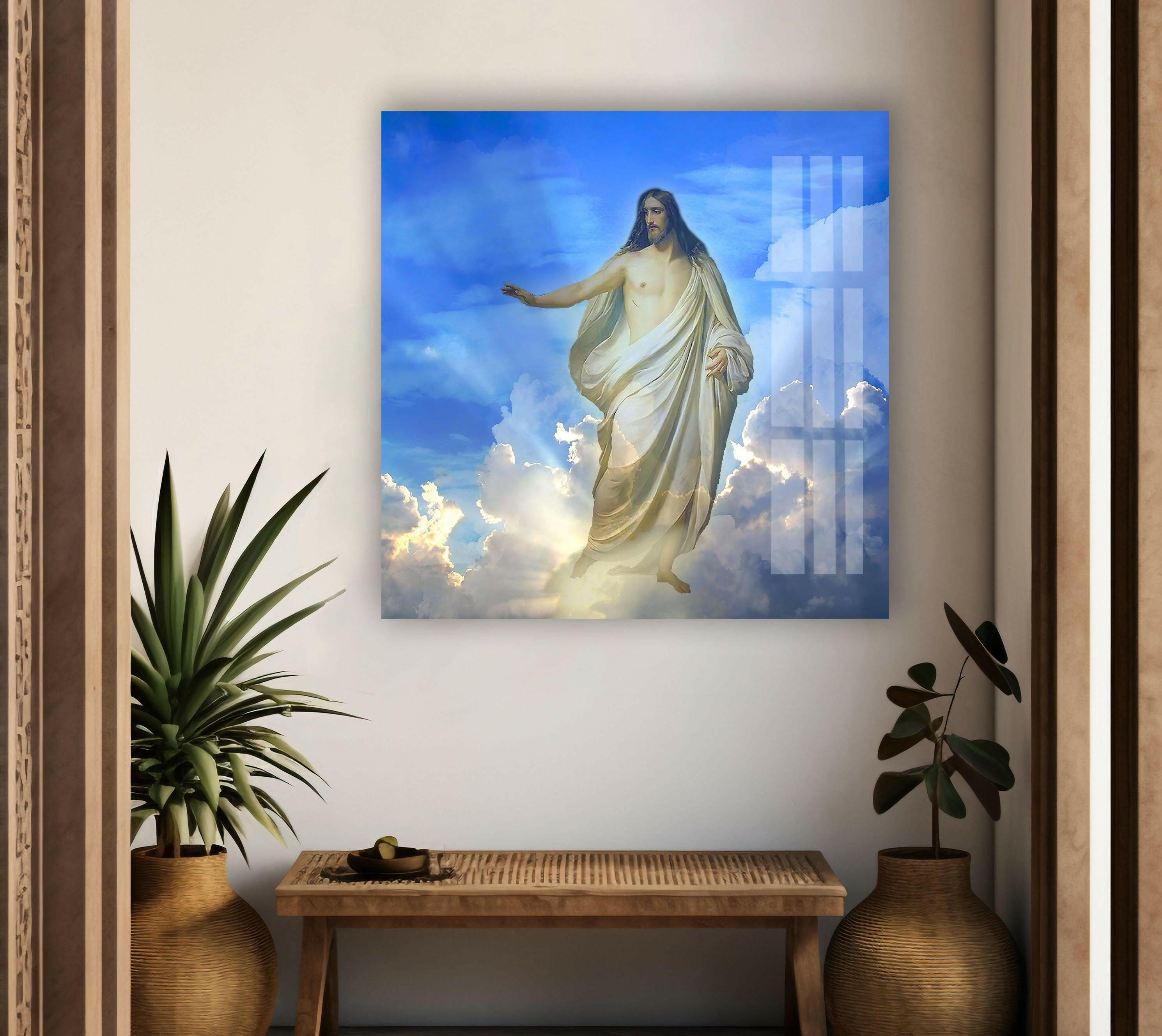 Blue Christian Jesus Cross Glass Wall Art - Handmade Religious Home Decor for Church, Bedroom & Office - Perfect Gift for Faithful Believers