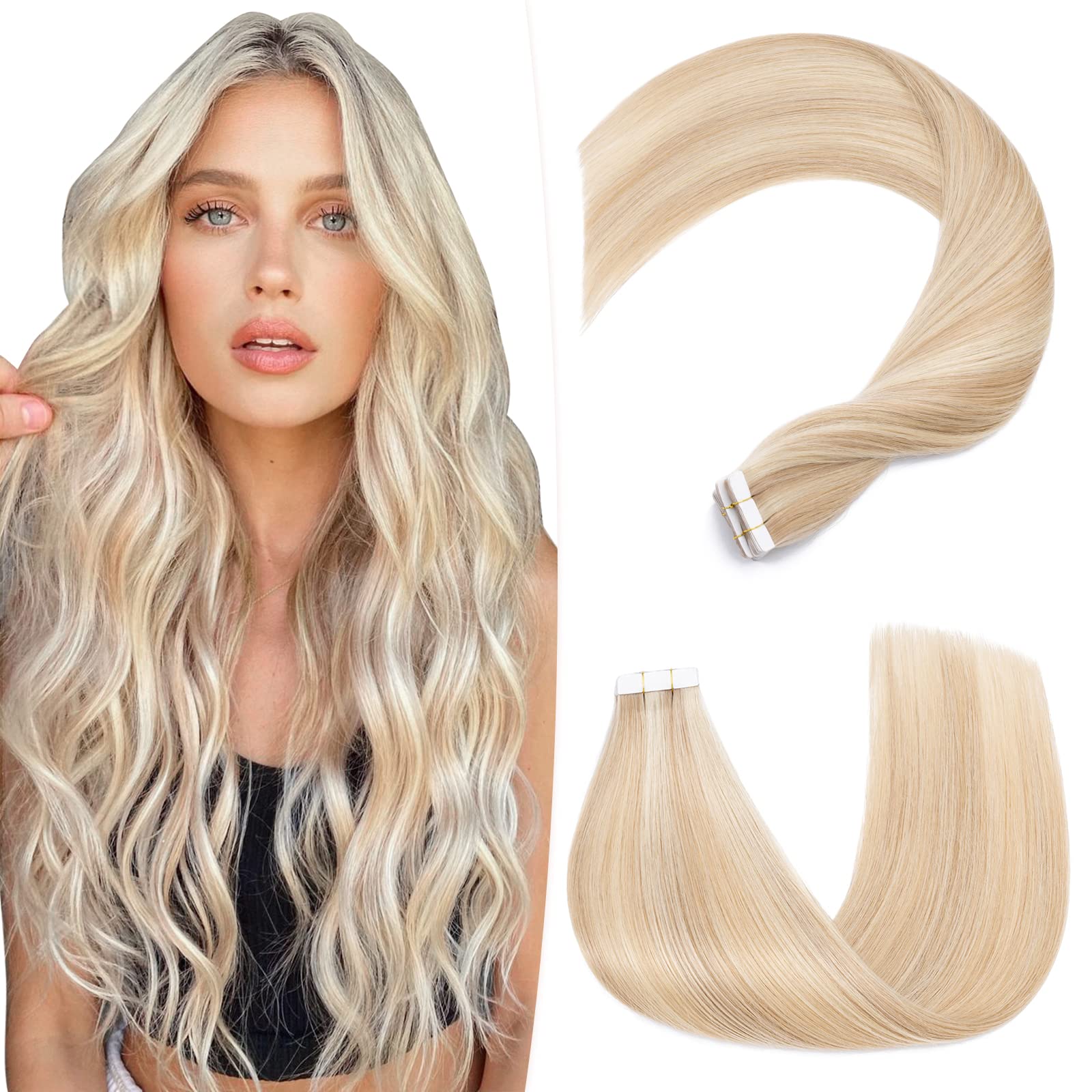 Premium 18 Inch Tape In Hair Extensions - 50g 20pcs Human Remy Hair #24 Natural Blonde - Seamless Skin Weft for Women - Easy Glue-Free Application - Perfect for Volume, Length & Styling - Great for Parties, Weddings & Daily Wear